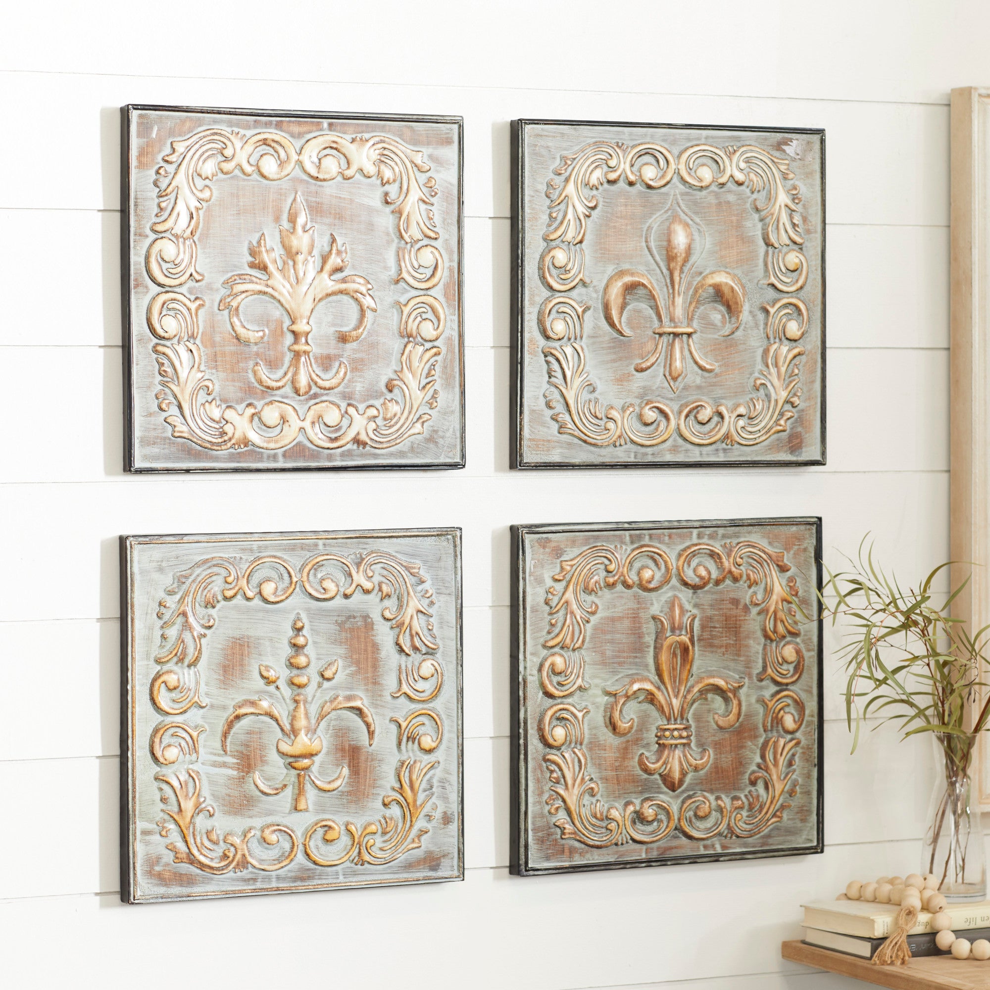 Set of 4 Fleur De Lis Green Metal Embossed Home Wall Decor with Scroll Details