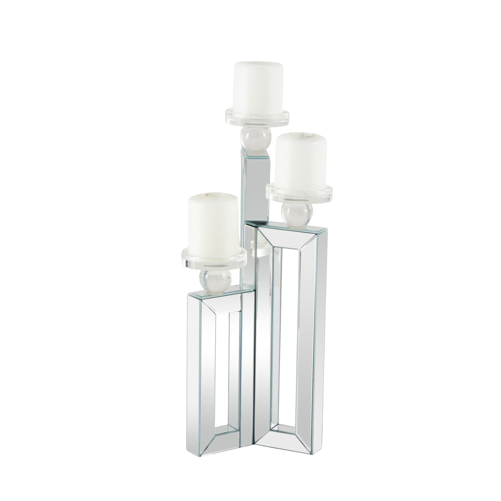 Silver Glass Pillar 3 Plate Decorative Candelabra with Mirrored Accents