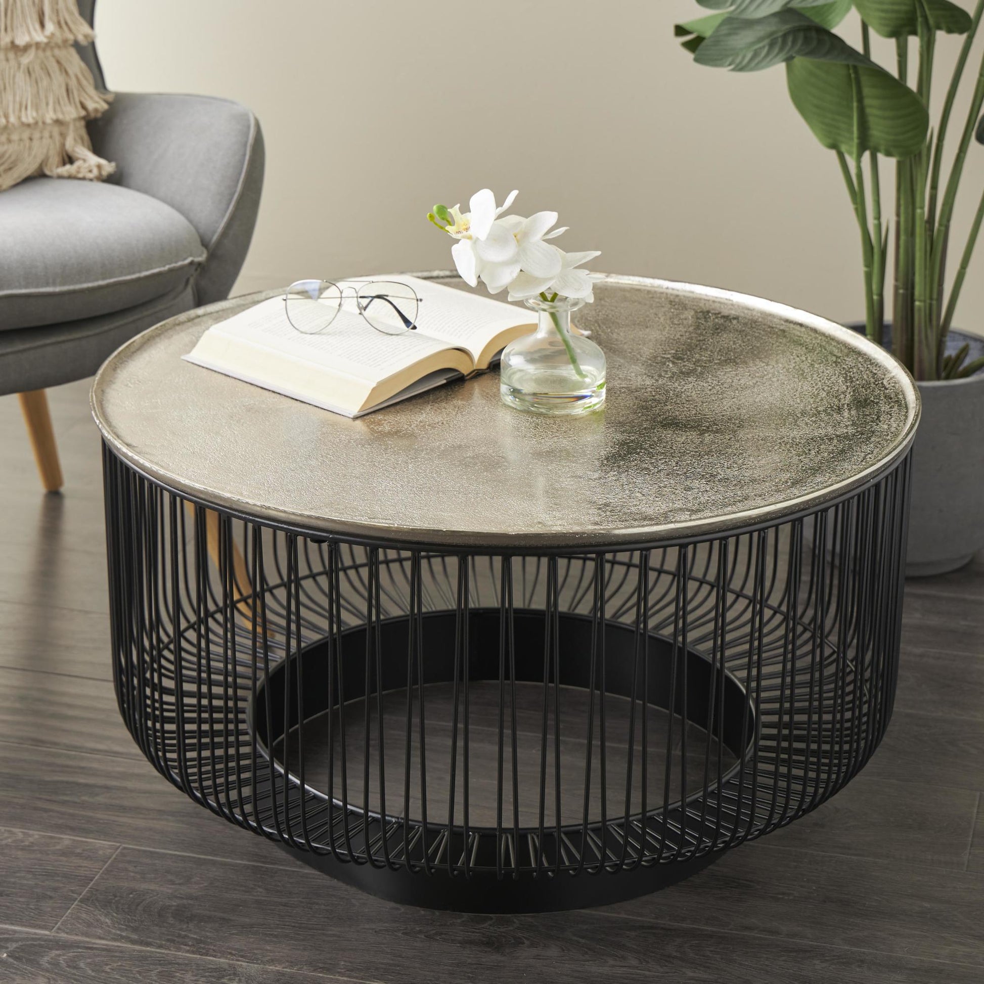Geometric Black Aluminum Metal Open Frame Wire Coffee Table with Silver Aluminum Top