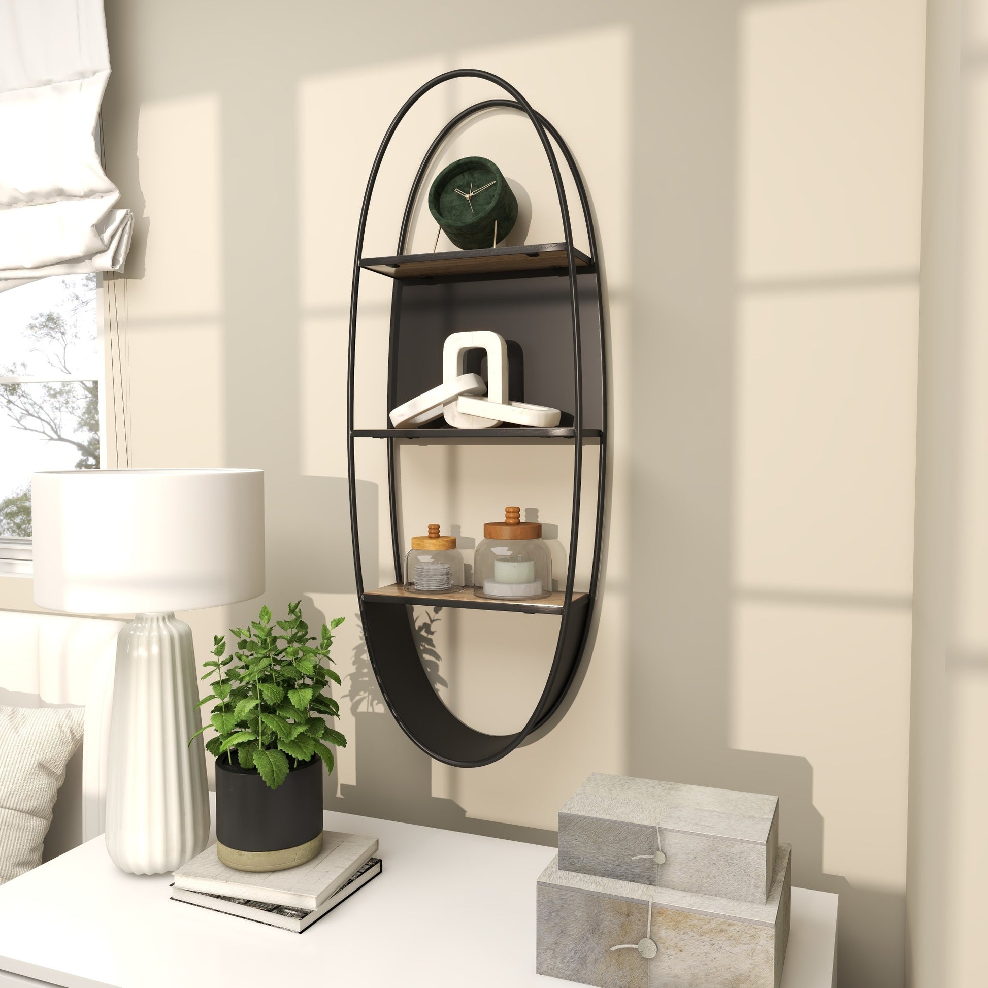 Black Metal Oval 2 Shelf Room Wall Shelf with Wood Accents