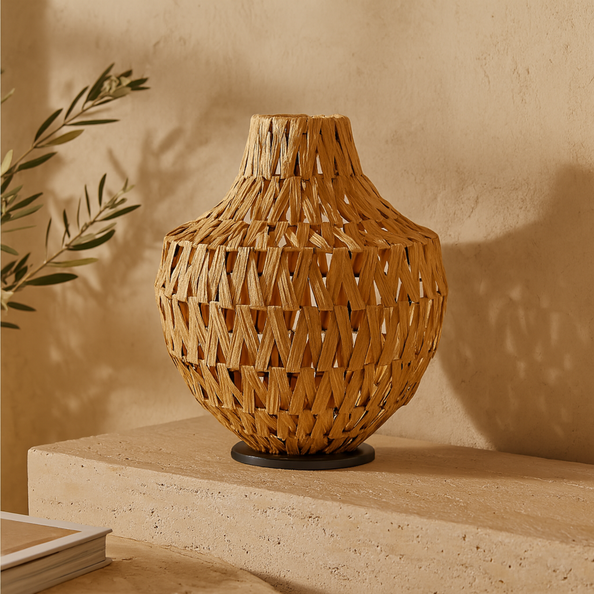 Brown Plastic Rattan Handmade Woven Decorative Vase with Black Metal Base