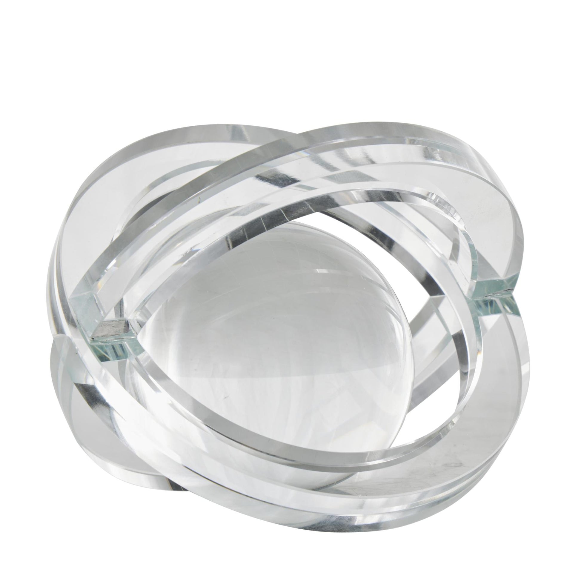 Set of 3 Geometric Clear Glass Orb Decorative Sculpture with Overlapping Rings and Ball Center