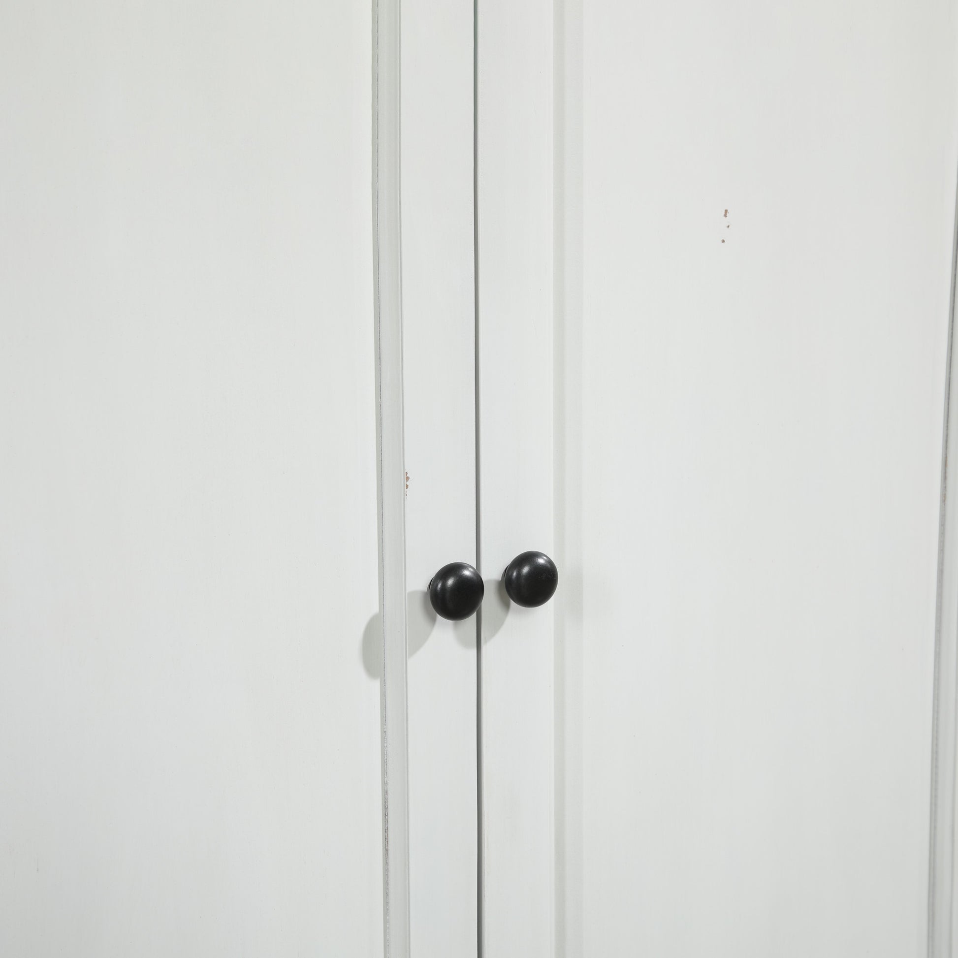 White Wood 4 Door Media Credenza Sideboard with Brown Wood Top and Black Round Knobs