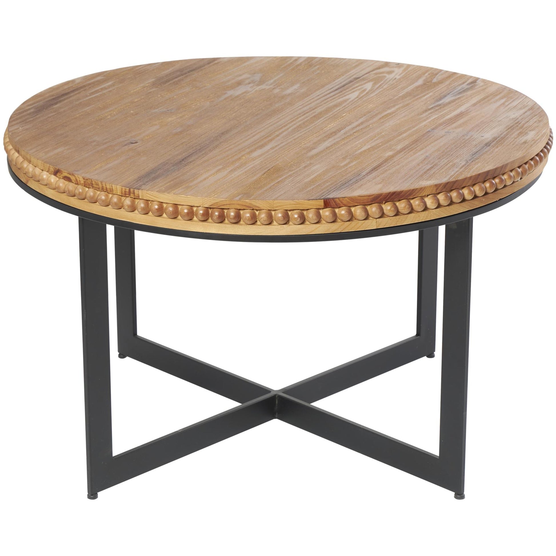 Brown Wood Beaded Living Room Coffee Table with Metal X-Shaped Base
