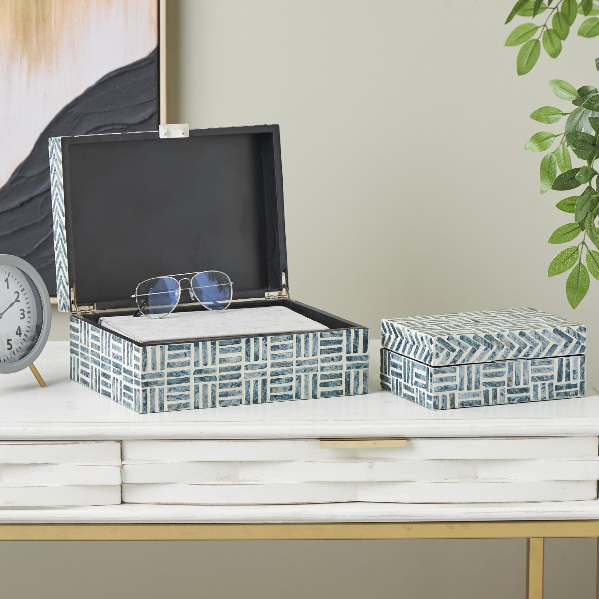 Set of 2 Geometric Blue Mother of Pearl Shell Handmade Mosaic Storage Decorative Box with Cream Underlay