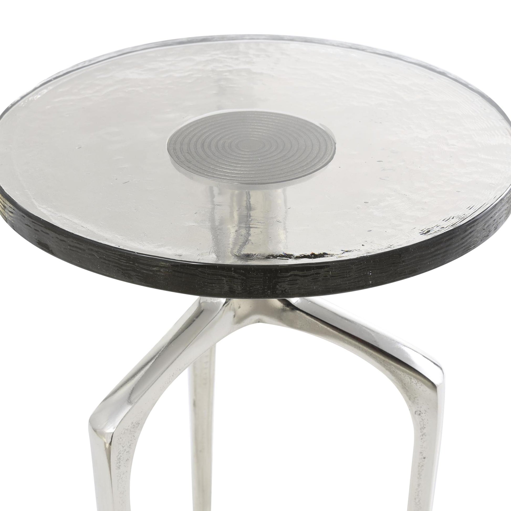 Aluminum Metal Small Tripod Side End Accent Table with Textured Glass Tabletop