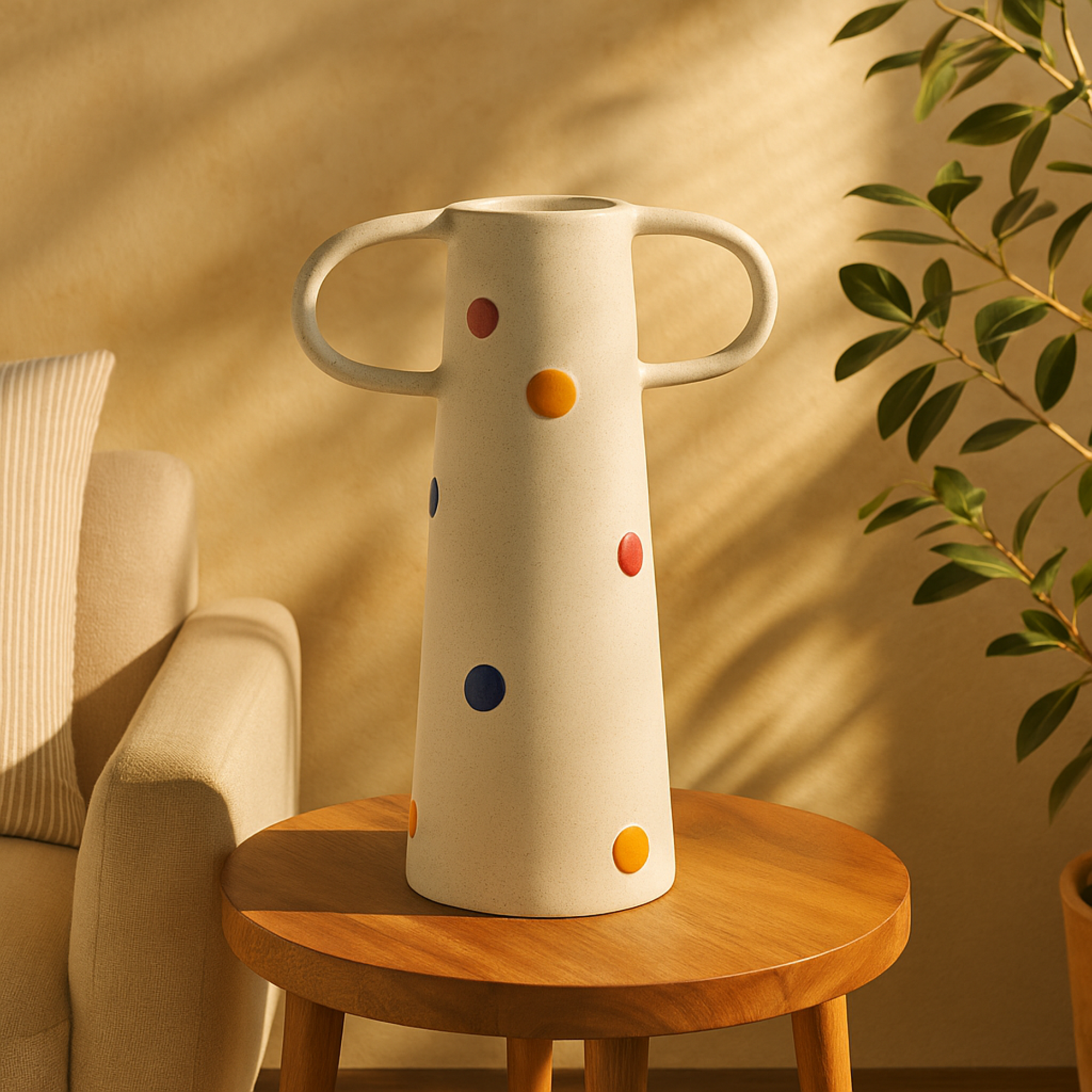 White Ceramic Slim Cone Decorative Vase with Multicolor Spots and Handles