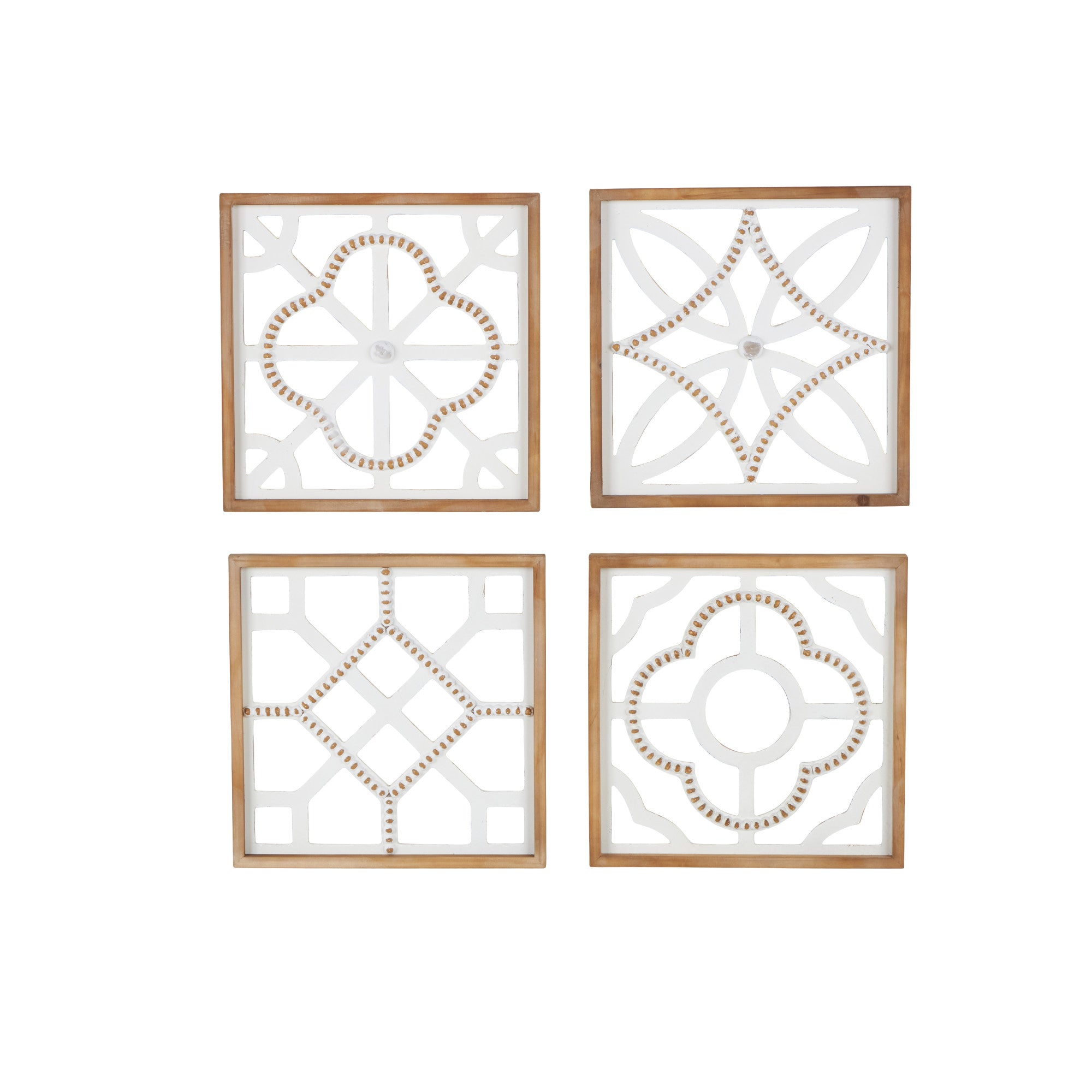 Set of 4 Geometric White Wood Beaded Home Wall Decor