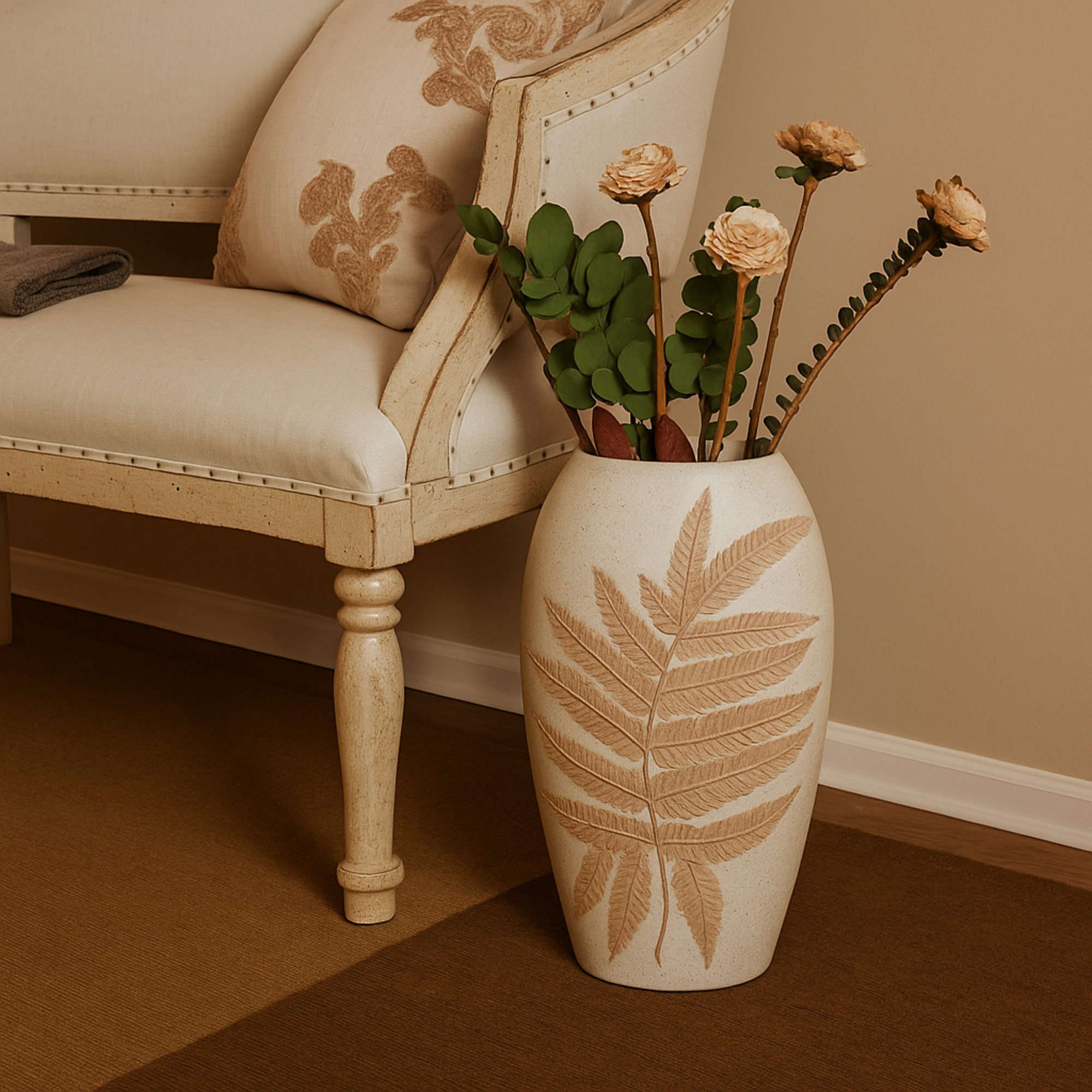 Leaf White Polystone Decorative Vase with Brown Dimensional Leaves