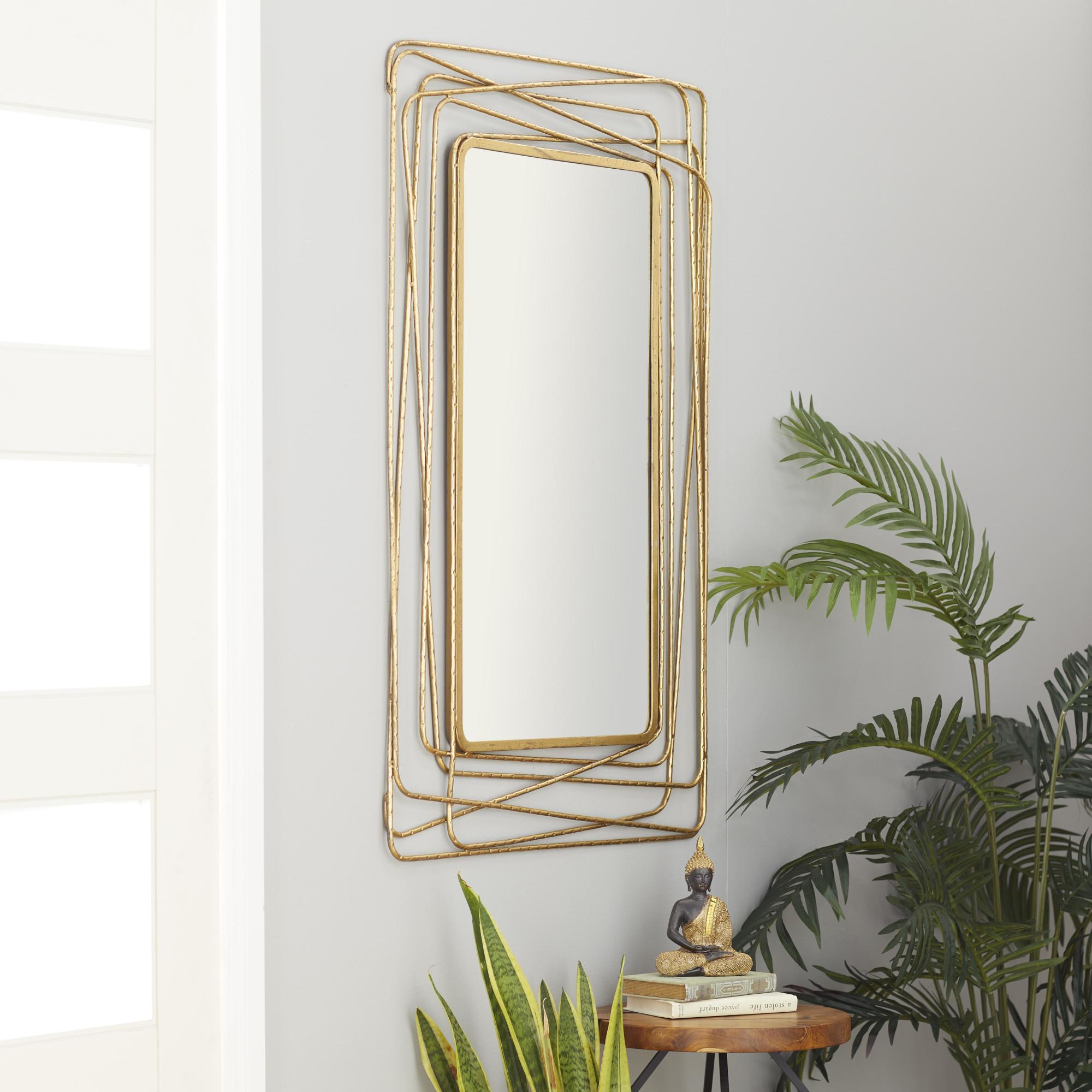 Abstract Gold Metal Room Wall Mirror with Thin Metal Rectangle Frame