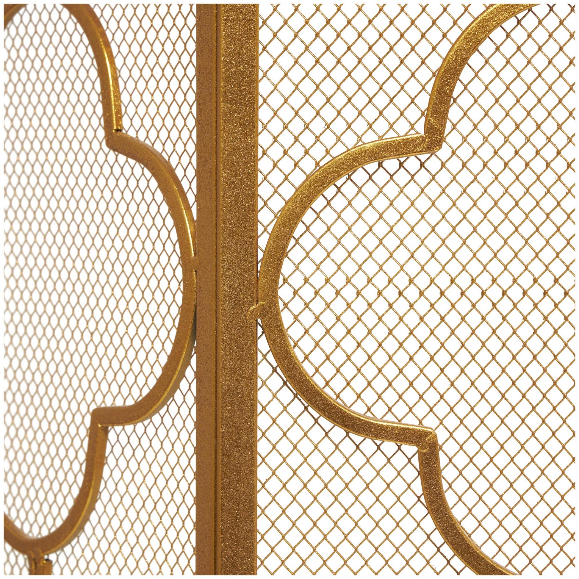 Geometric Gold Metal Foldable Mesh Netting 3 Panel Living Room Fireplace Screen with Quatrefoil Design