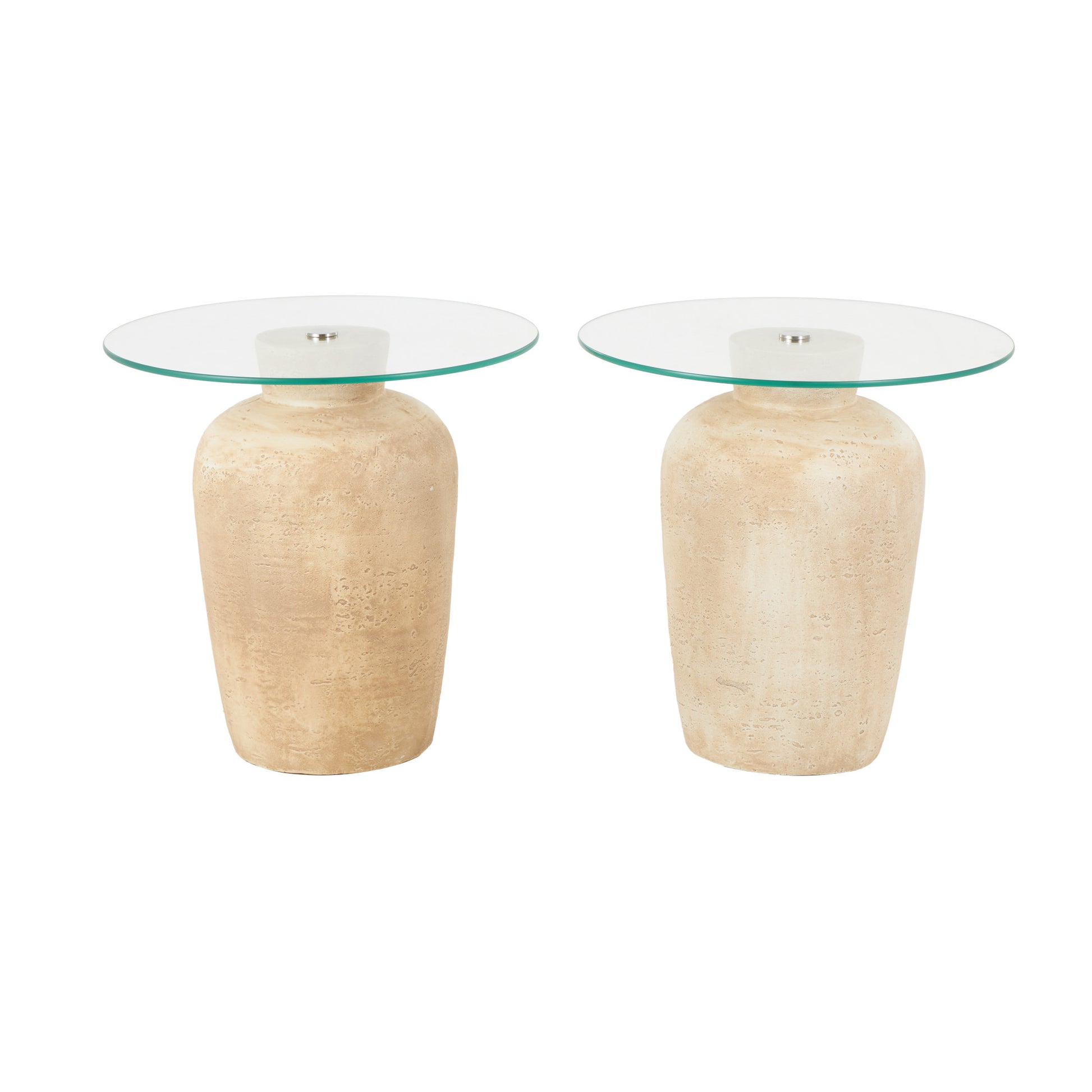 Set of 2 Beige Magnesium Oxide Side End Accent Table with Tempered Glass Tabletop