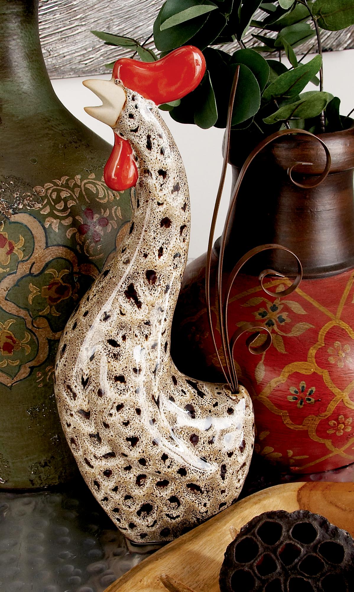 Set of 2 Rooster Cream Ceramic Indoor Outdoor Standing Decorative Garden Sculpture with Reactive Glaze Finish