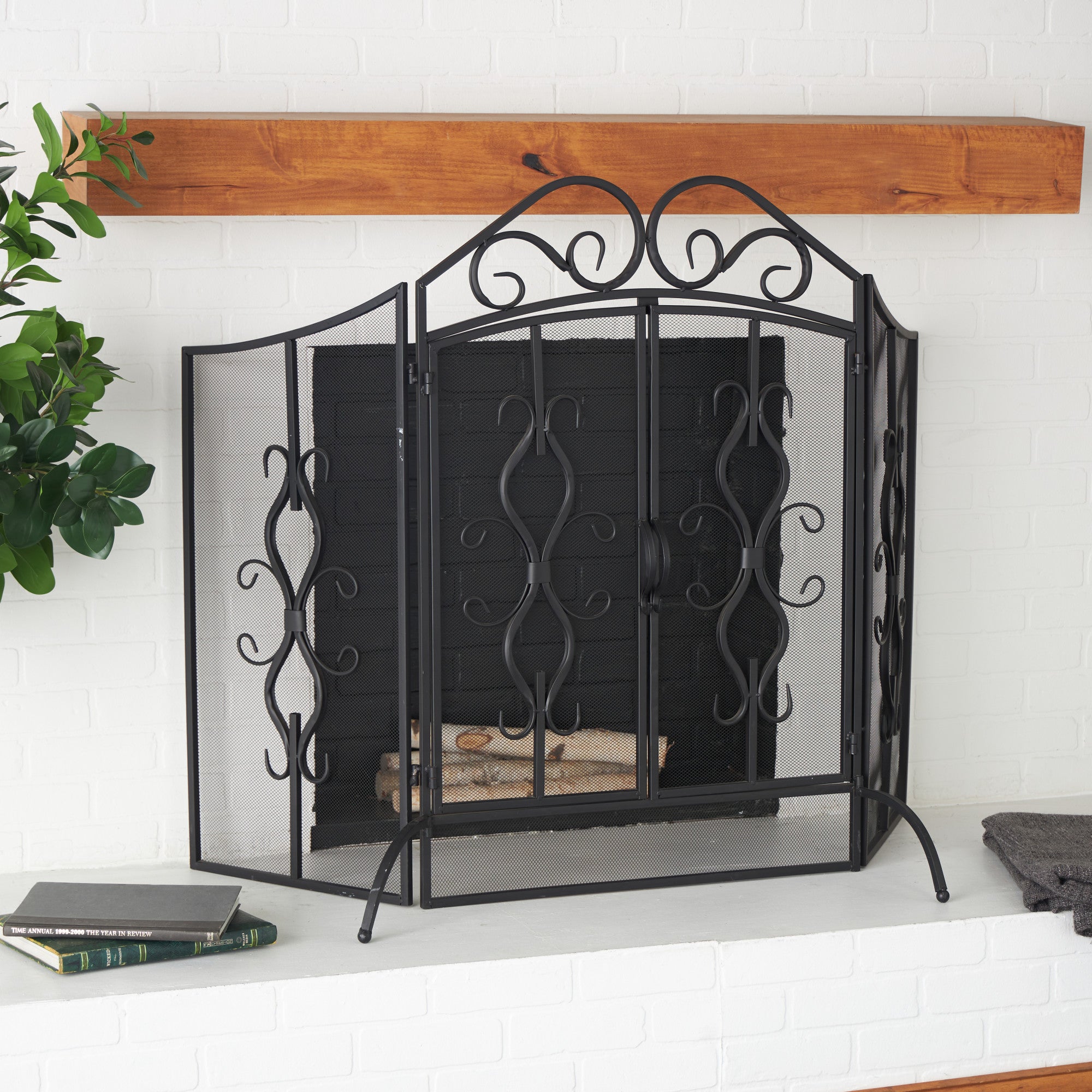 Scroll Gray Metal Foldable Mesh Netting 3 Panel Living Room Fireplace Screen