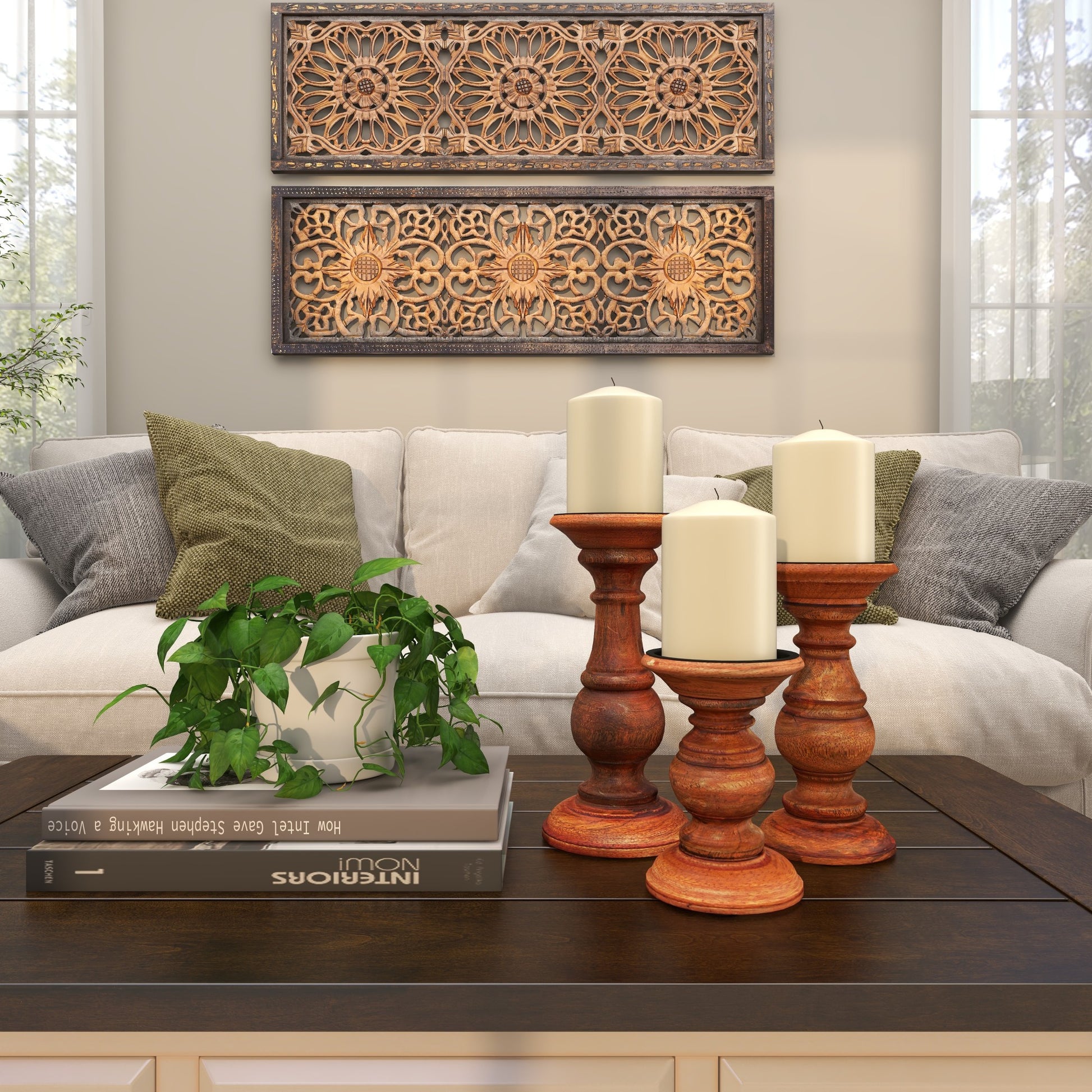 Set of 3 Mango Wood Distressed Turned Pillar Decorative Candle Holder