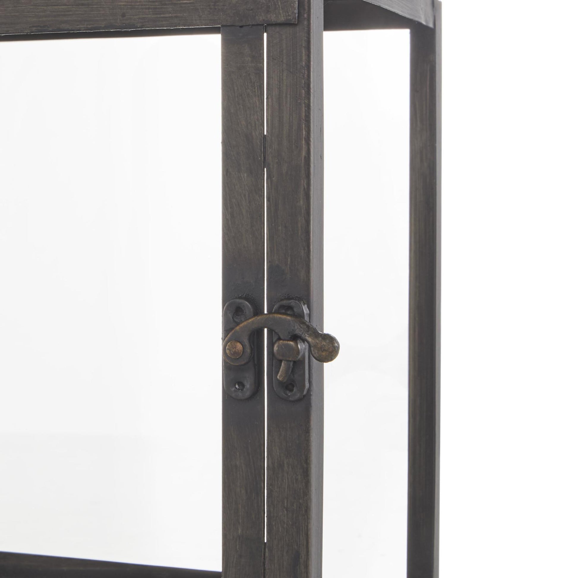 Set of 2 Dark Gray Metal Brushed Rectangular Indoor Outdoor Candle Lantern with Brown Wood Tops