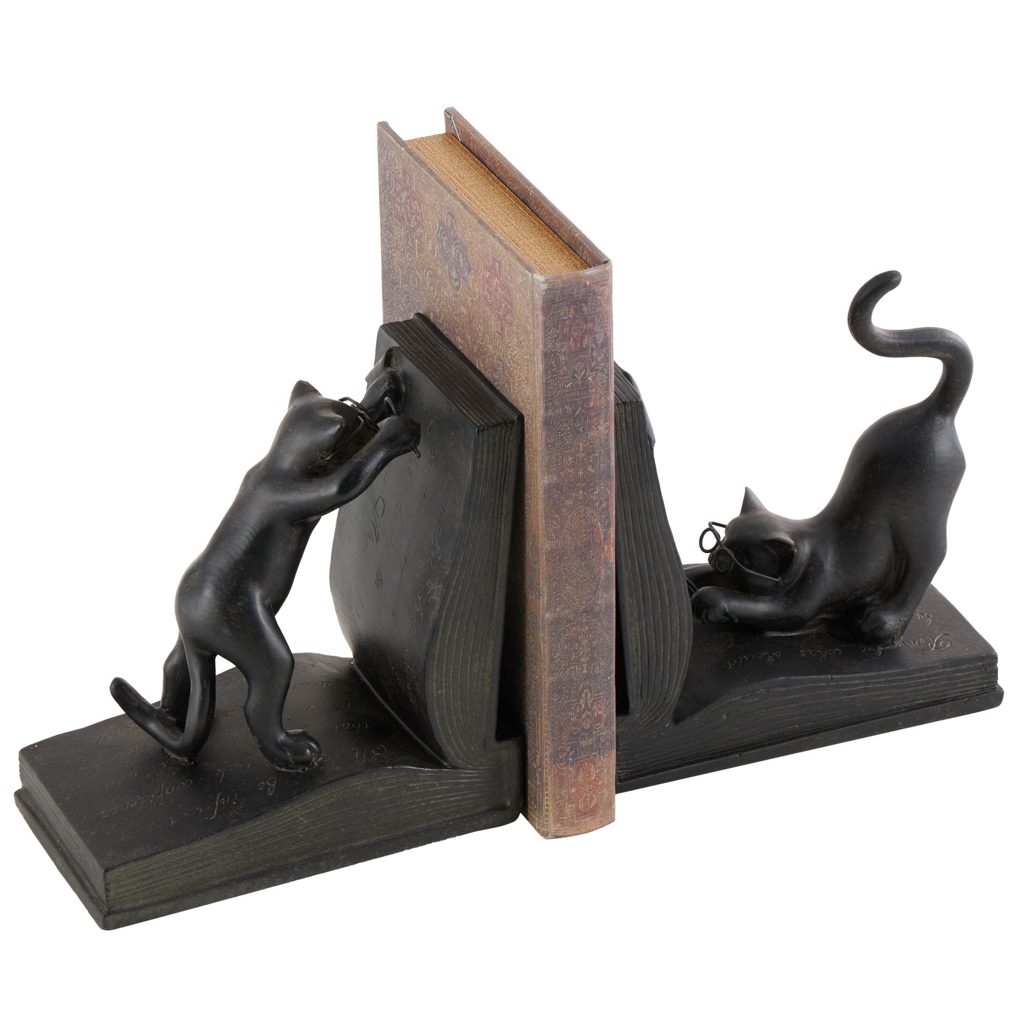 Set of 2 Cat Black Polystone Reading Decorative Bookends