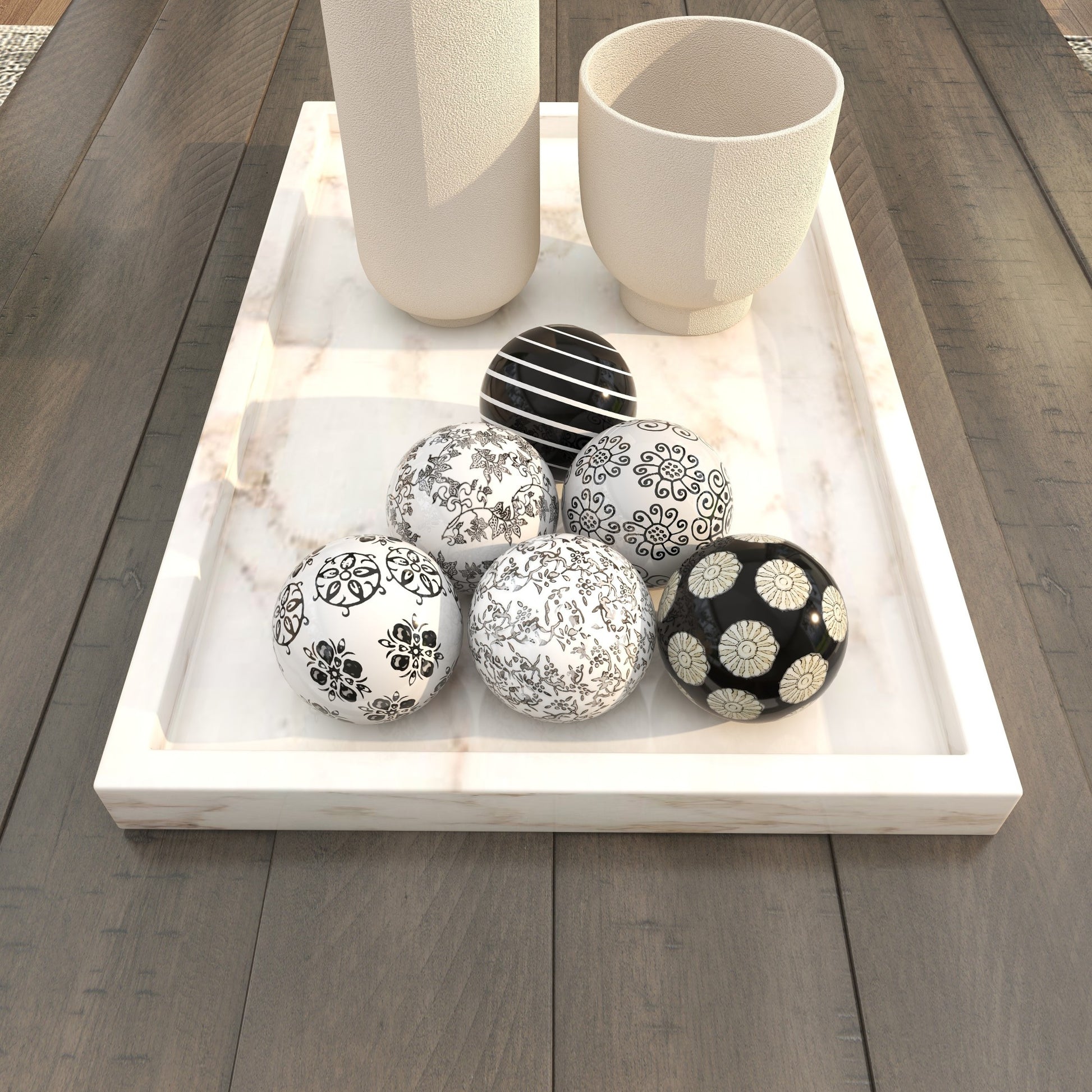 Set of 6 Floral Ceramic Handmade Decorative Orbs & Vase Filler with Varying Patterns and White Accents