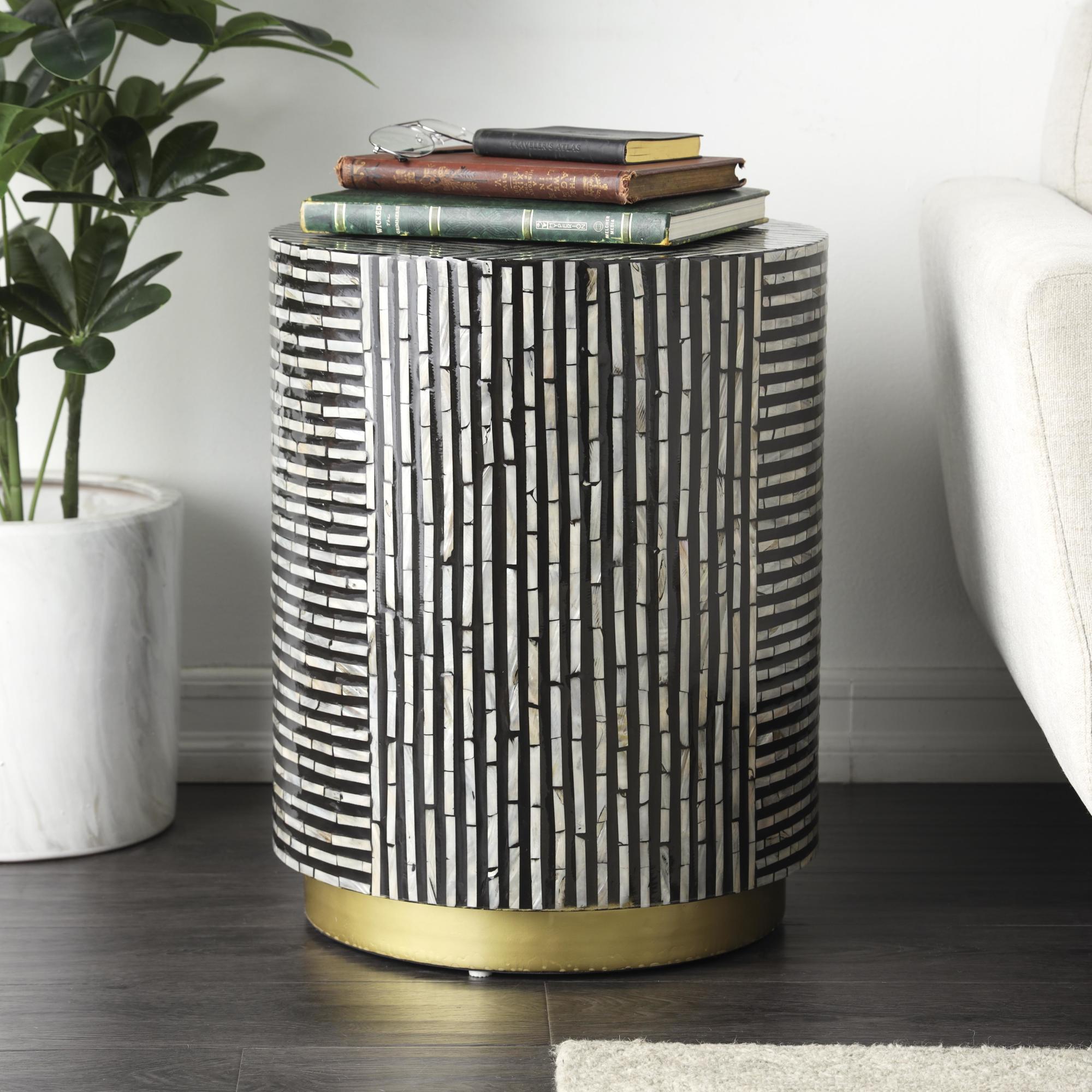 Geometric Mother of Pearl Shell Side End Accent Table with Gold Base