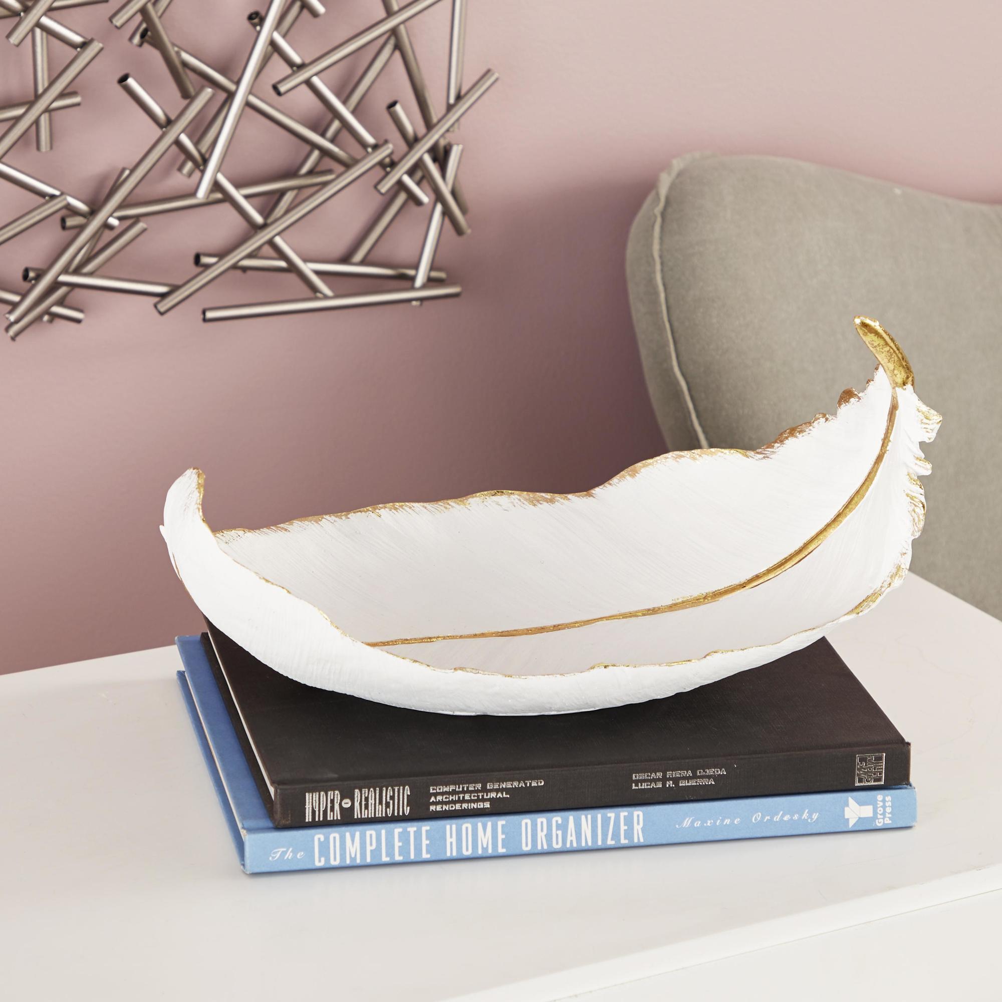 CosmoLiving by Cosmopolitan Bird Polystone Curved Feather Large Decorative Bowl with Gold Accents