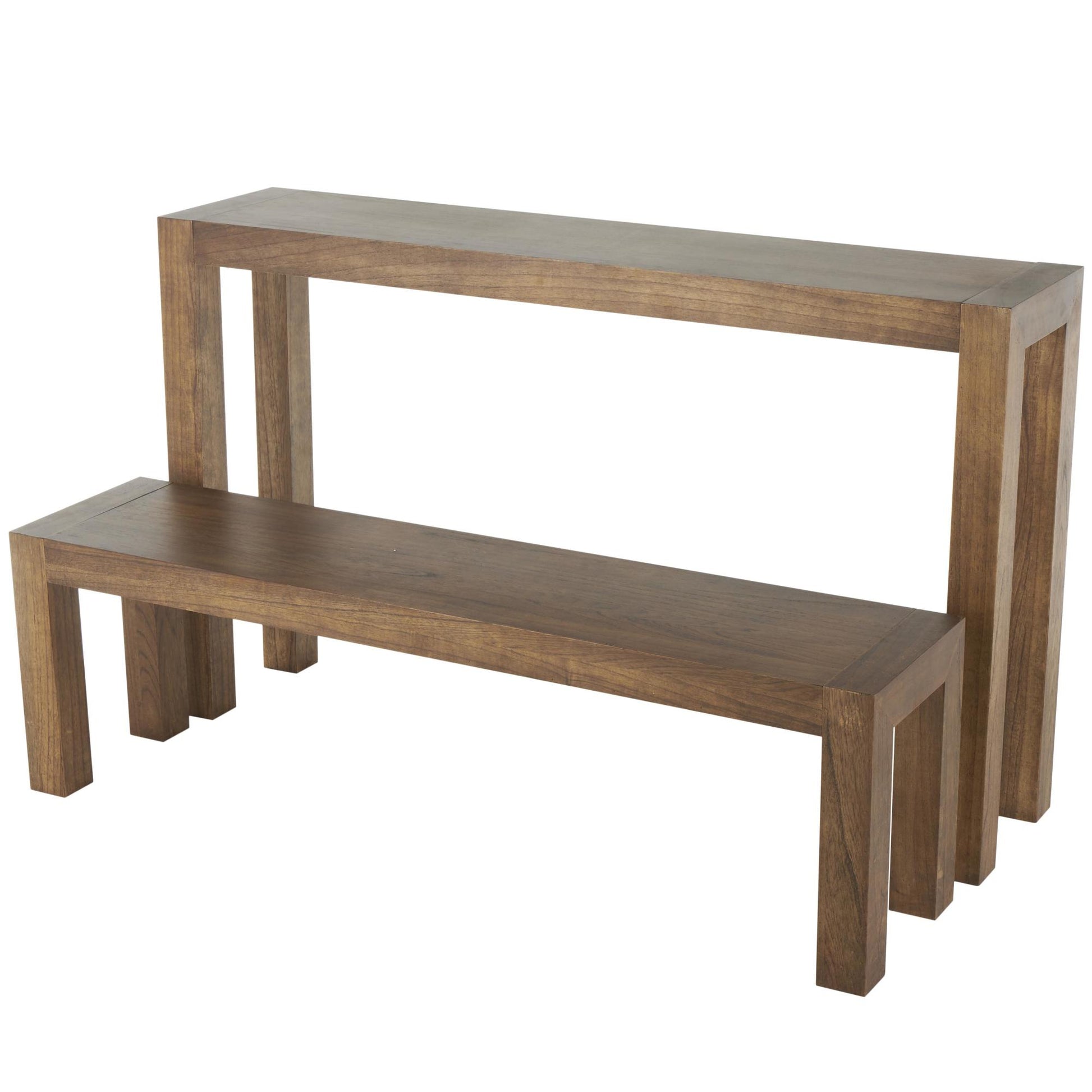 Set of 2 Brown Wood Rectangular Living Room Console Table with Bench