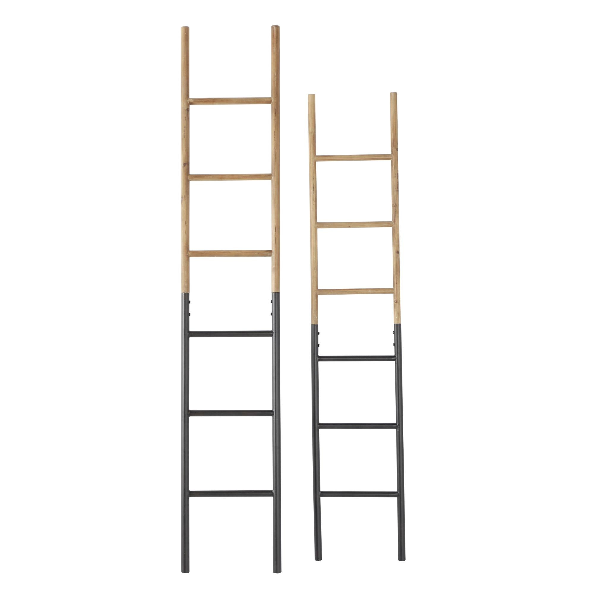 Set of 2 Brown Wood Slim Two-Toned 12 Rug Decorative Ladder with Black Metal Bases