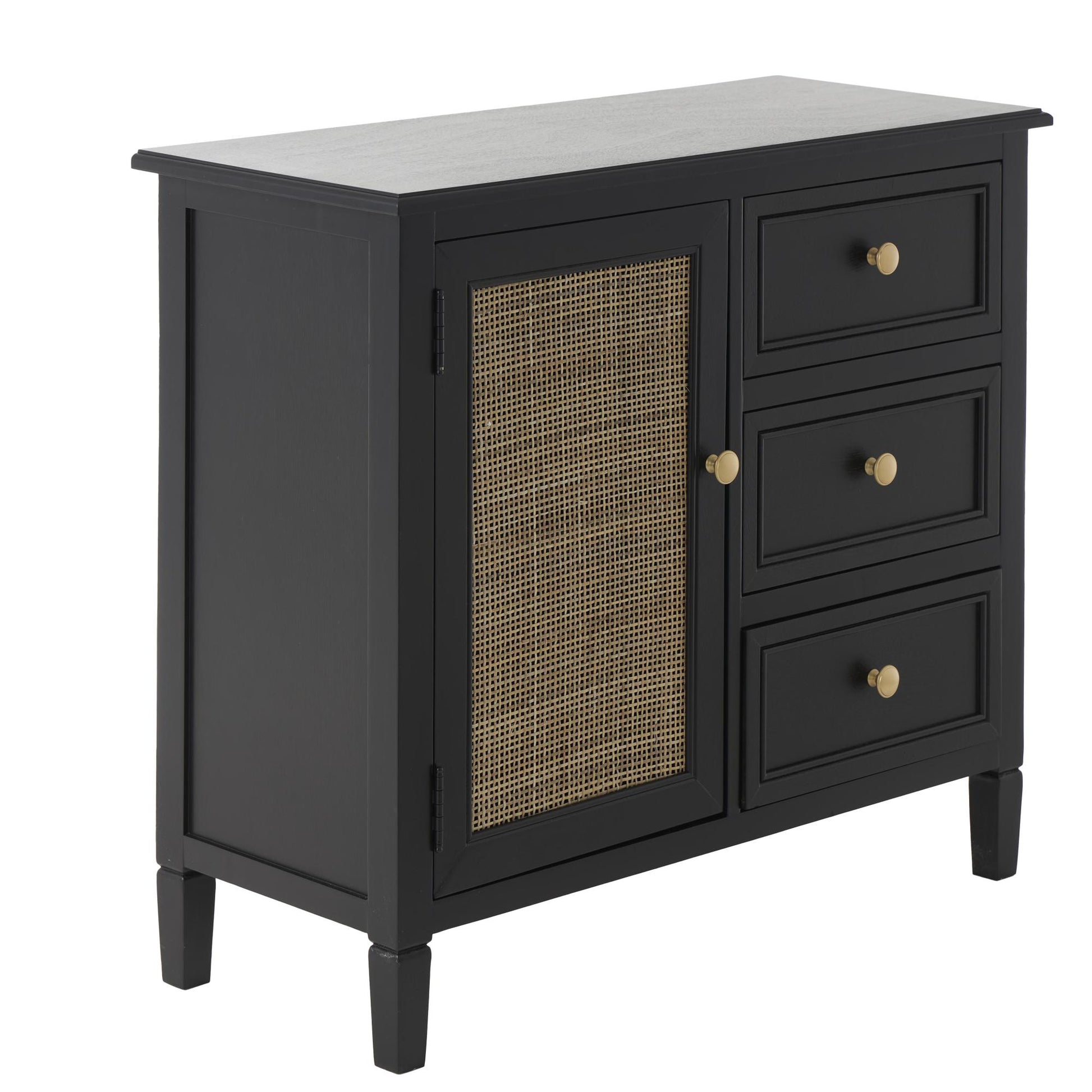 Black Wood Handmade 1 Door and 3 Drawers Room Cabinet with Rattan Front
