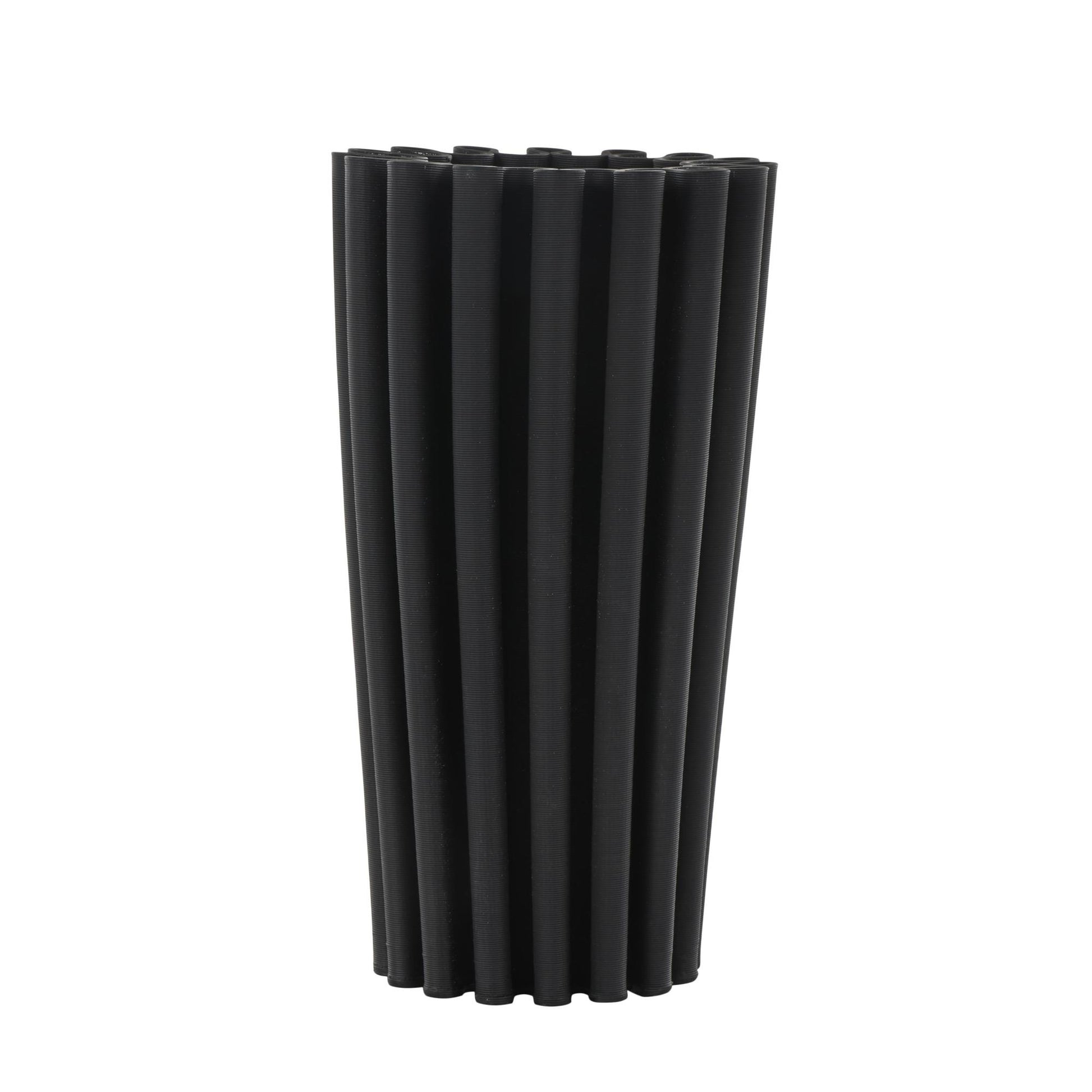 Abstract Black Ceramic Dimensional Ribbed Decorative Vase with Cylindrical Ridges