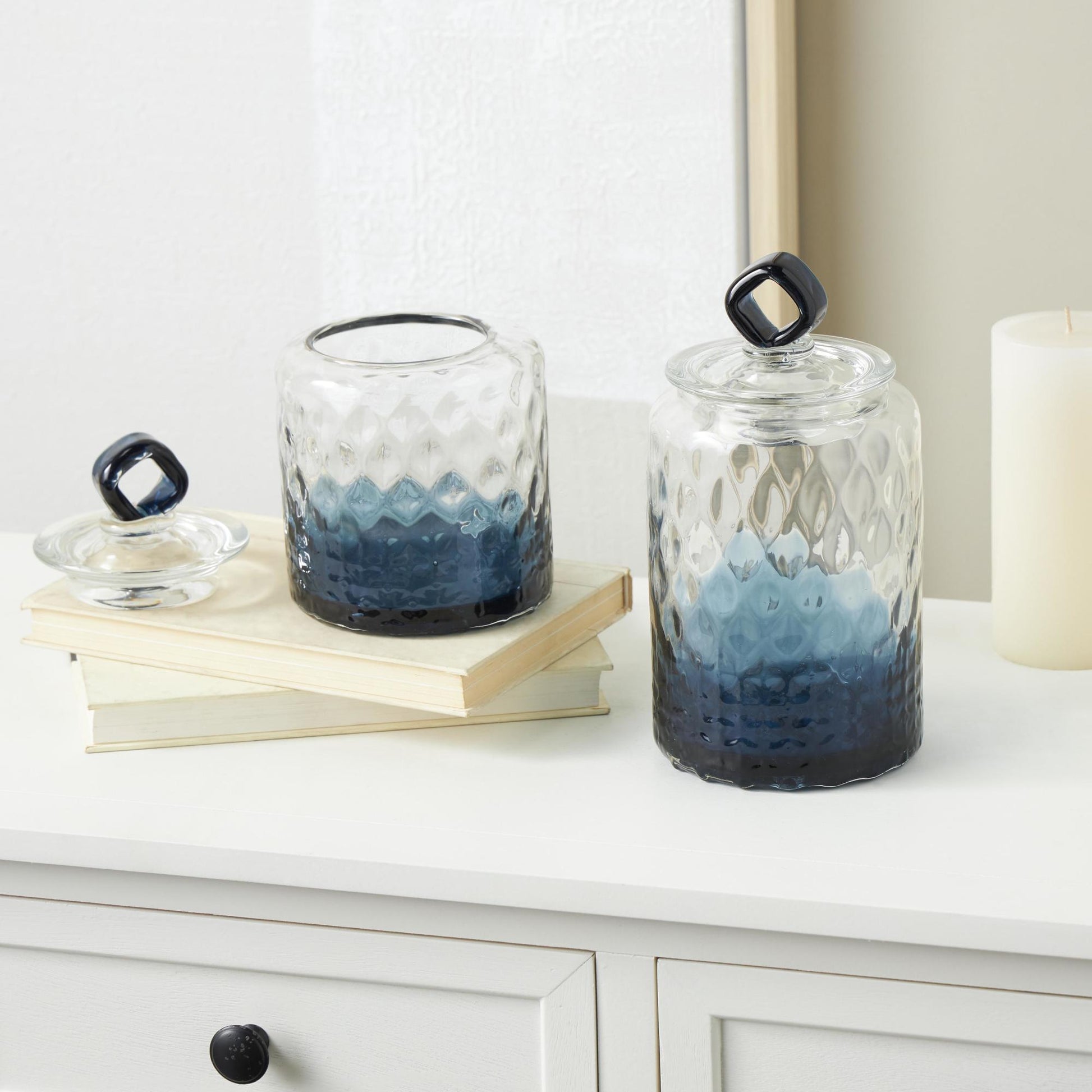 Set of 2 Geometric Dark Blue Glass Faceted Ombre Living Room Decorative Jars with Diamond Knobs