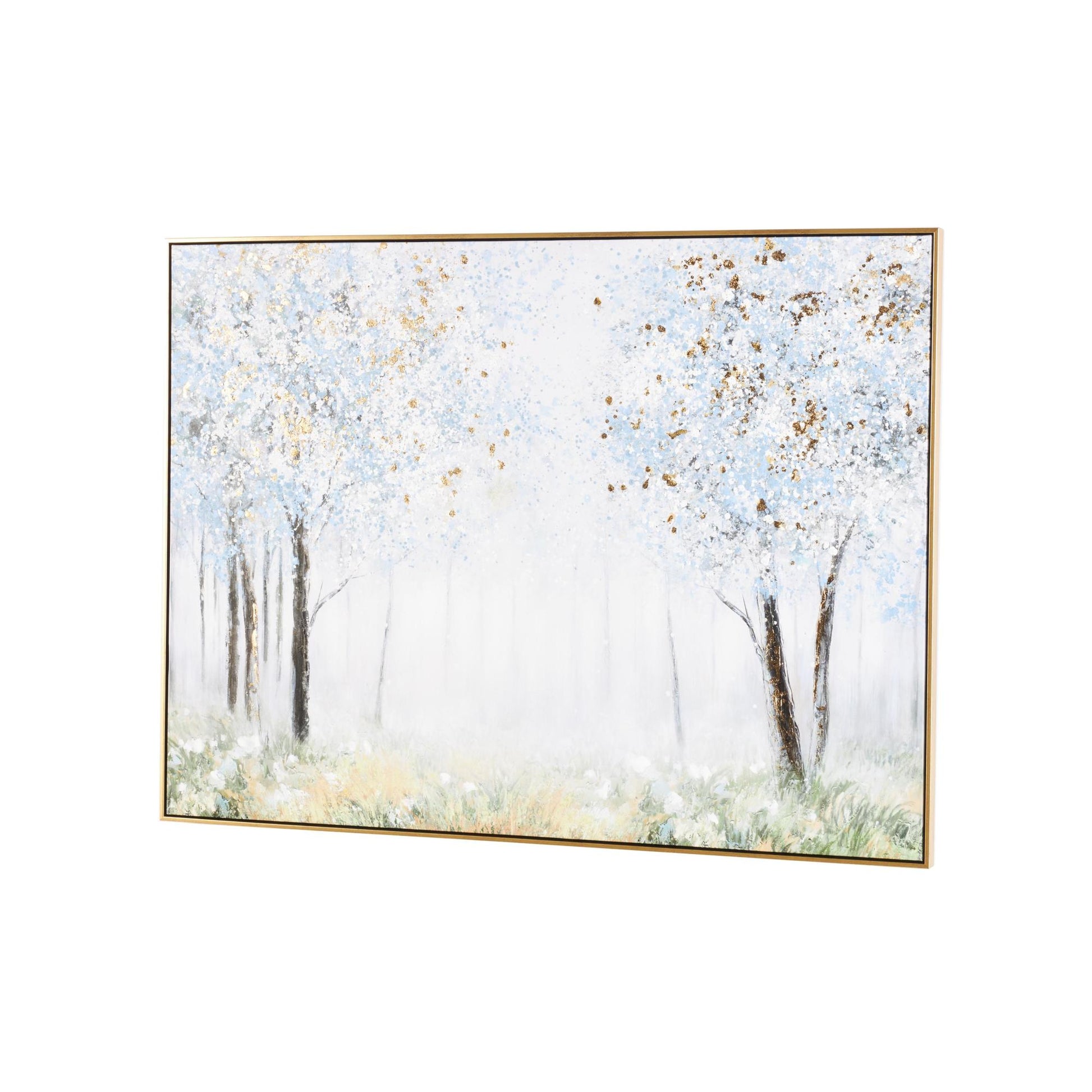 Landscape Blue Canvas Forest Living Room Framed Wall Art with Gold Foil Accents