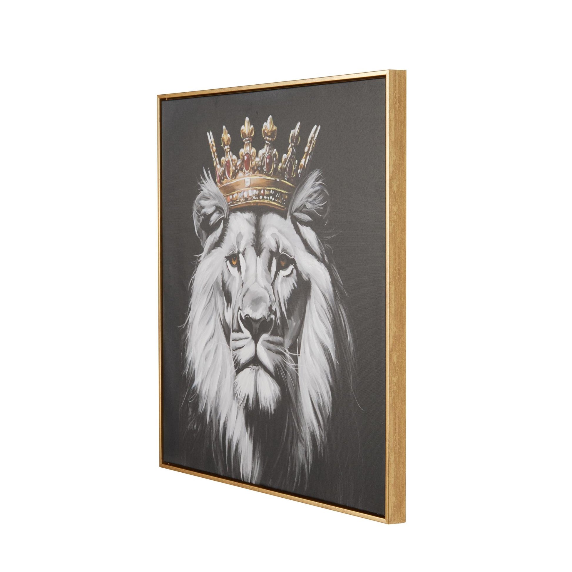 Lion Black Canvas Shaded Living Room Framed Wall Art with Gold Jeweled Crown