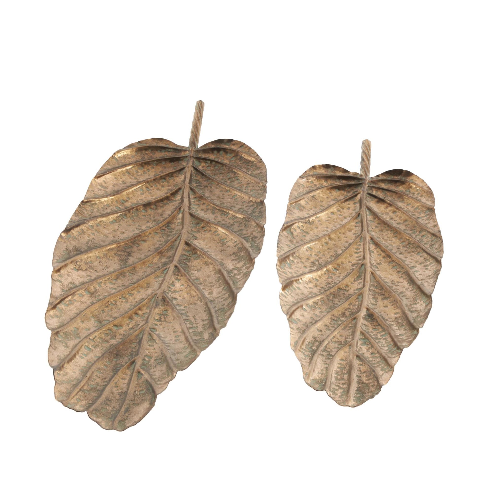 Set of 2 Leaf Copper Metal Textured Living Room Decor Tray with Patina Accents and Elevated Feet