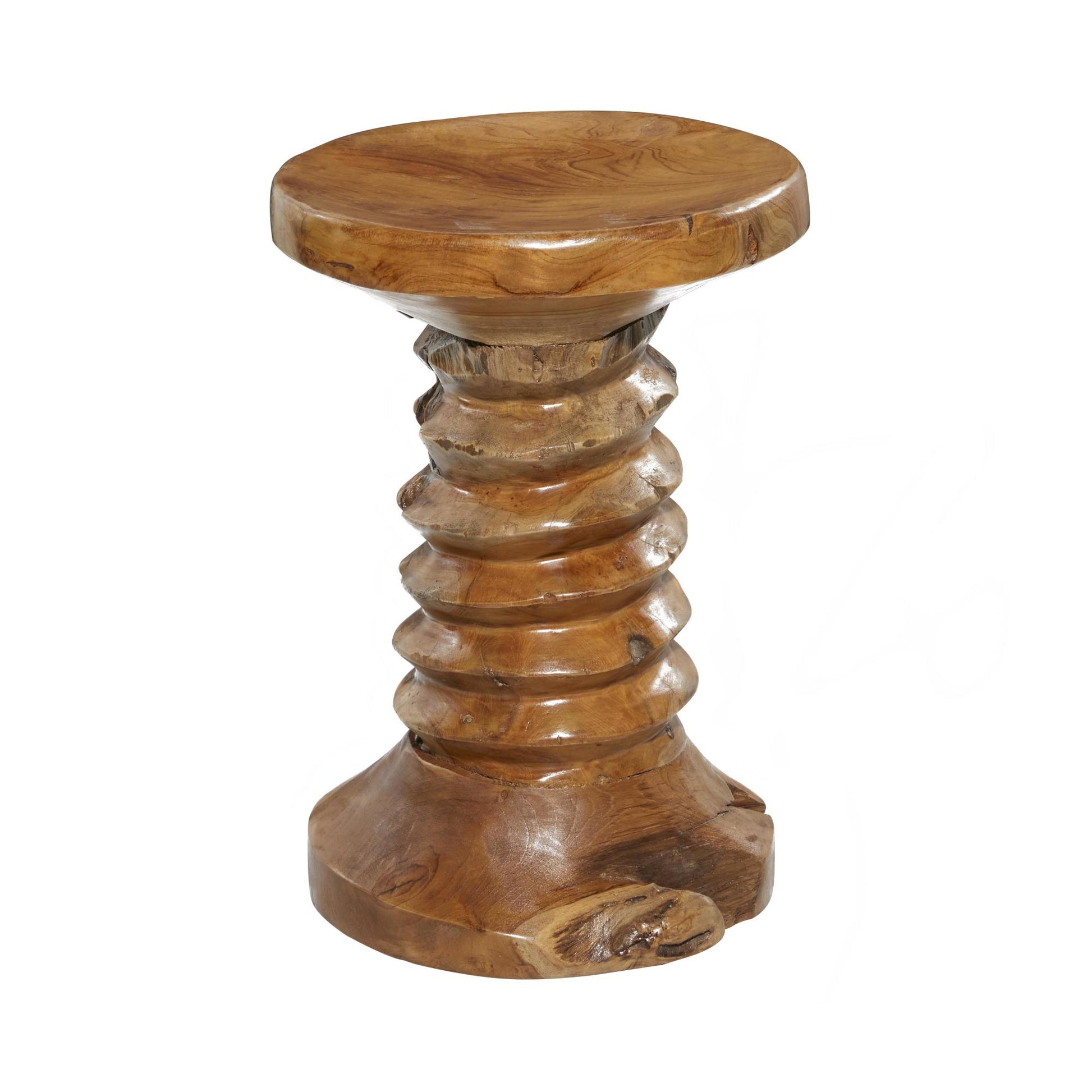 Brown Teak Wood Handmade Live Edge Side End Accent Table with Coiled Base