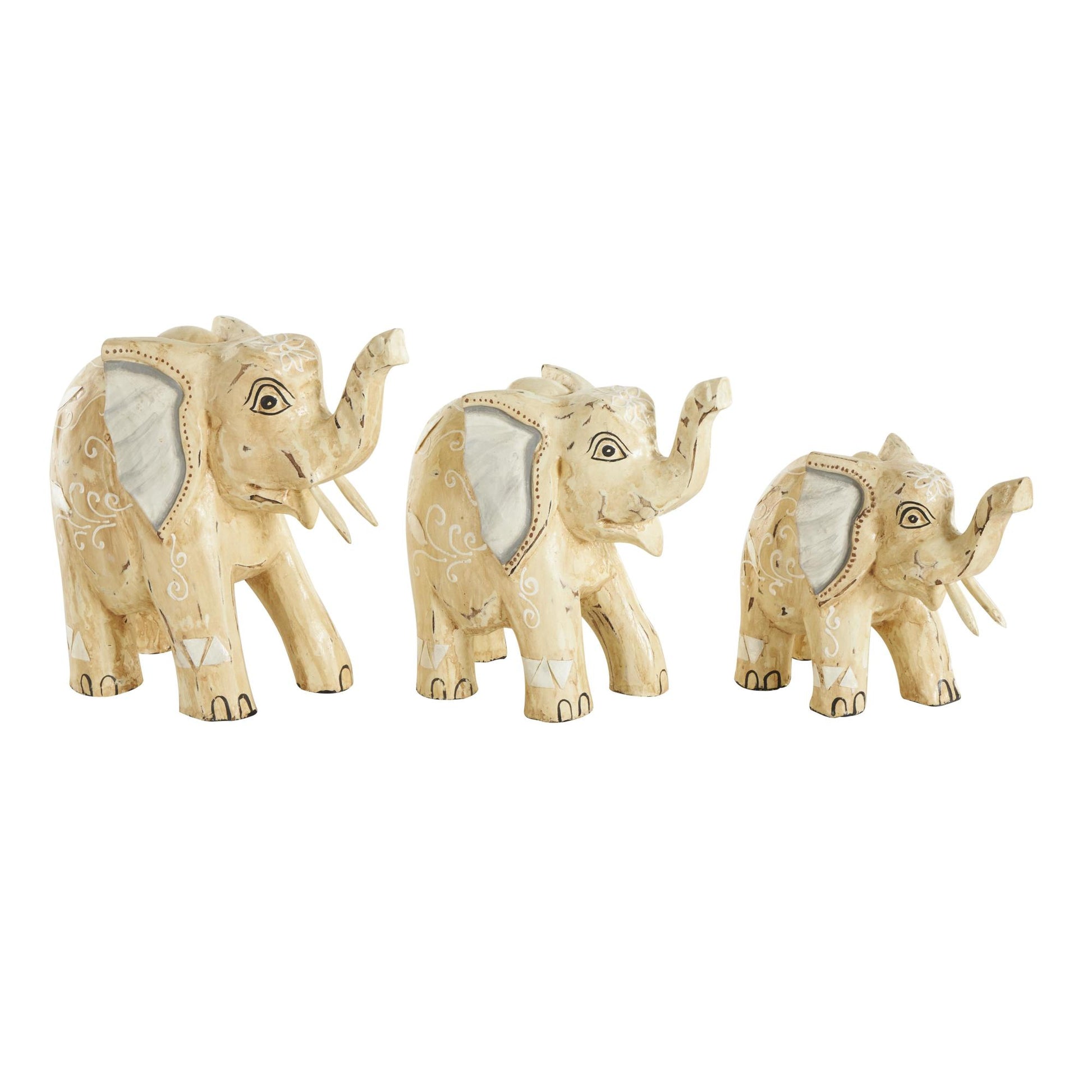 Set of 3 Elephant Light Brown Wood Handmade Decorative Sculpture with Scroll and Floral Patterns