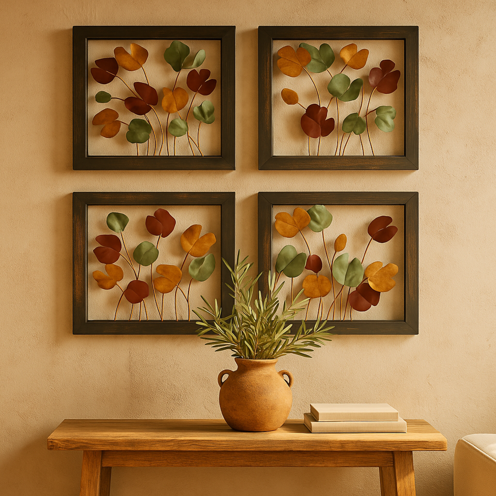 Set of 4 Floral Multi Colored Metal Home Wall Decor with Black Frame