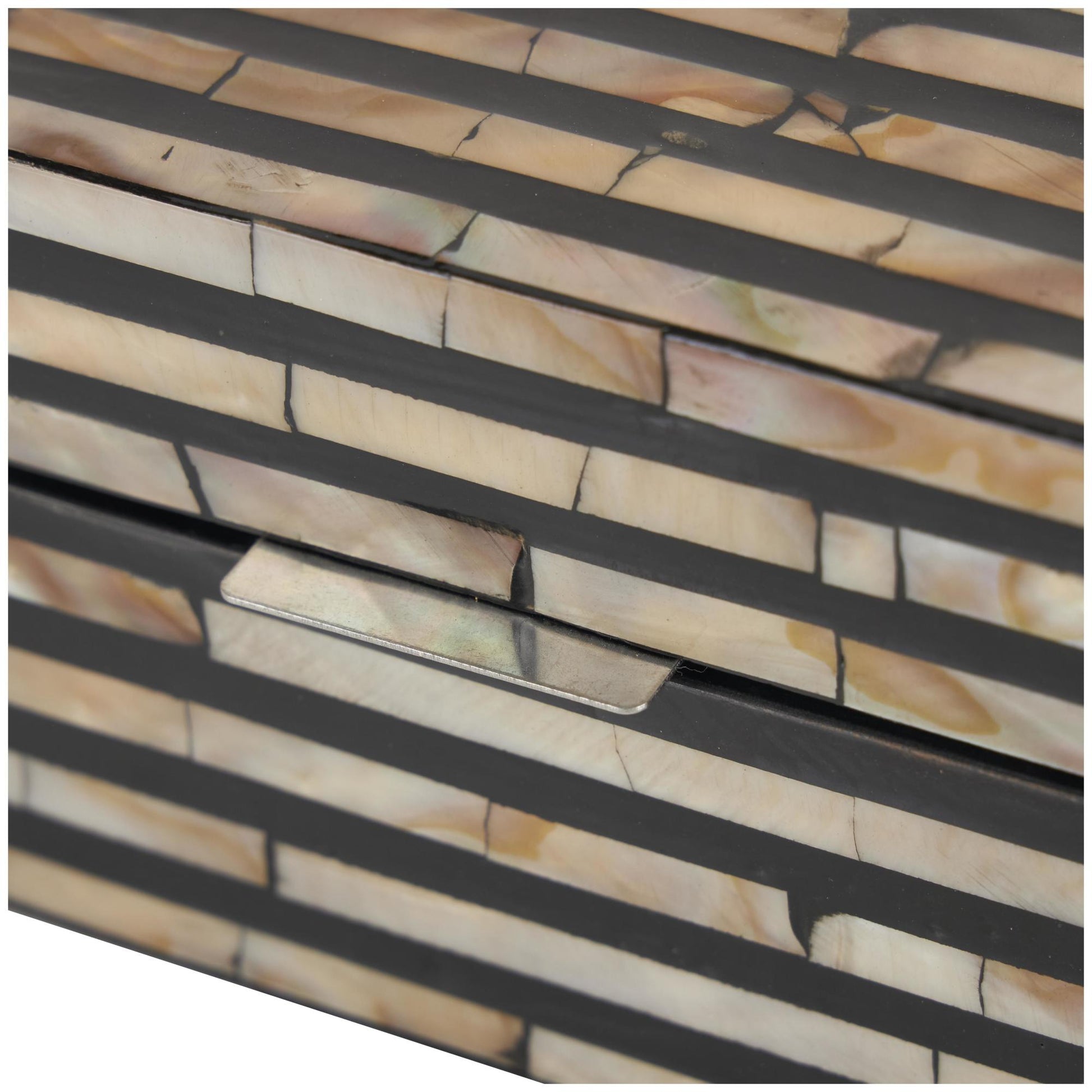 Set of 2 Beige Mother of Pearl Shell Handmade Decorative Box with Linear Mosaic Pattern and Hinged Lid