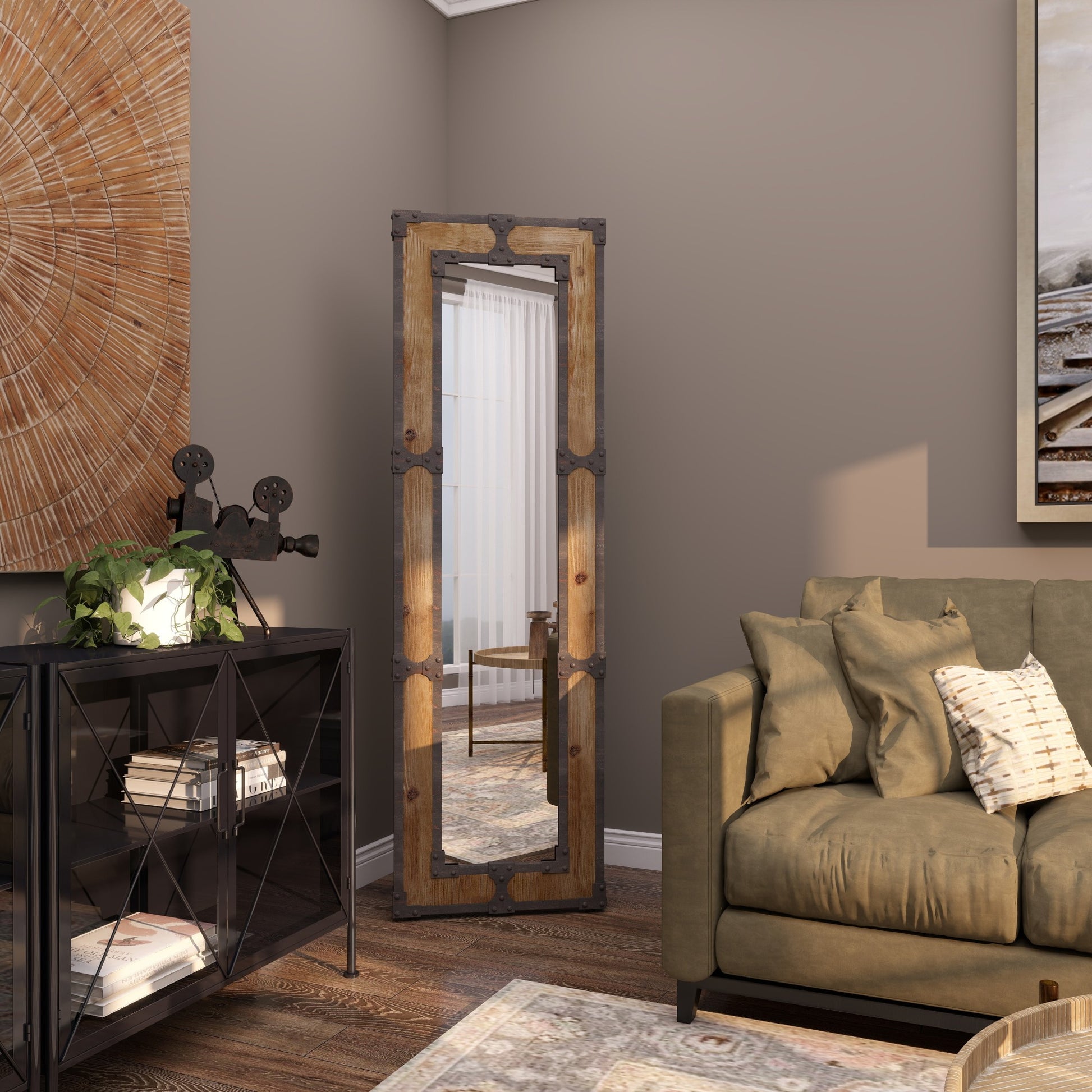 Brown Wood Room Floor Mirror with Black Studded Frame and Foldable Stand