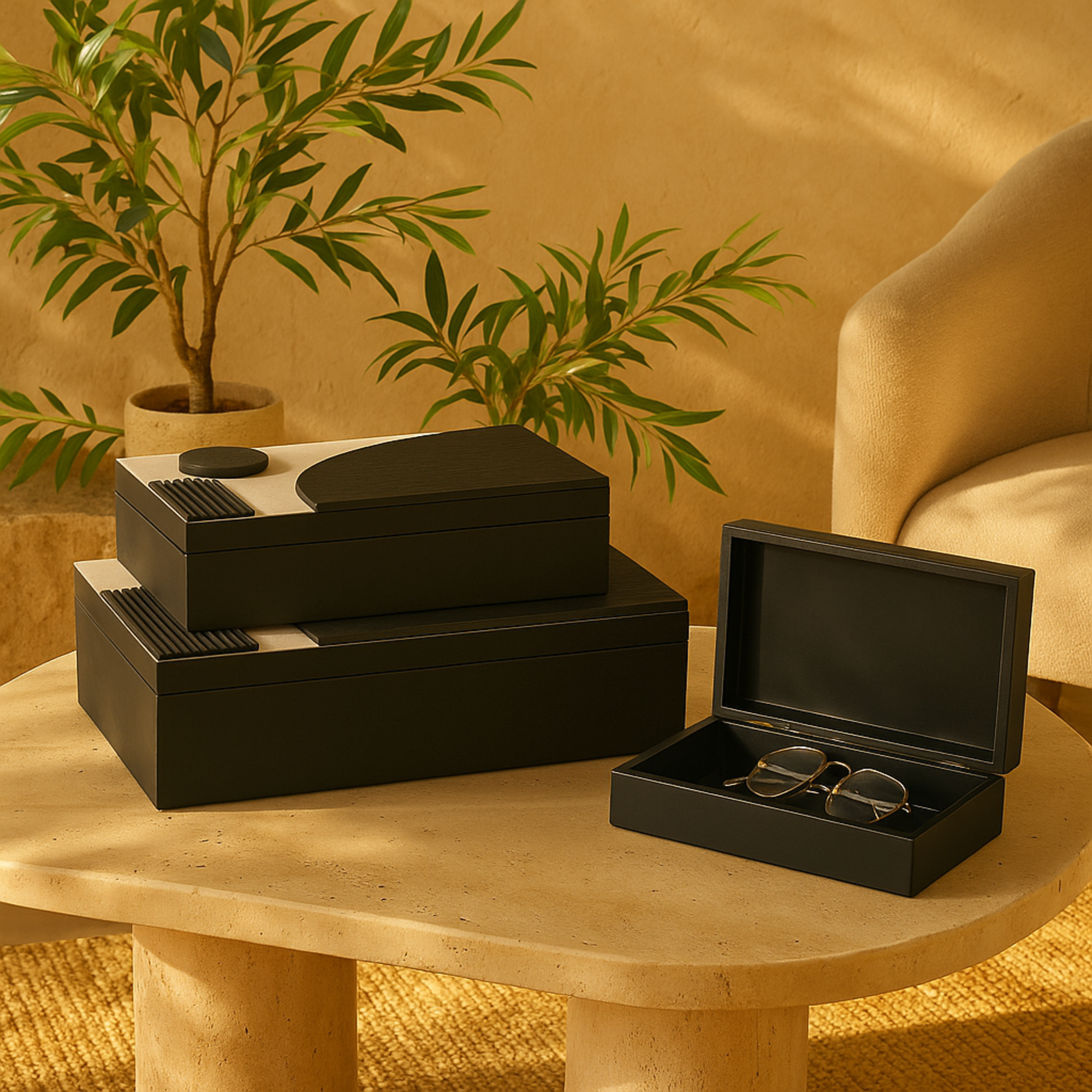 Set of 3 Black Wood Handmade Decorative Box with 3D Geometric Accents