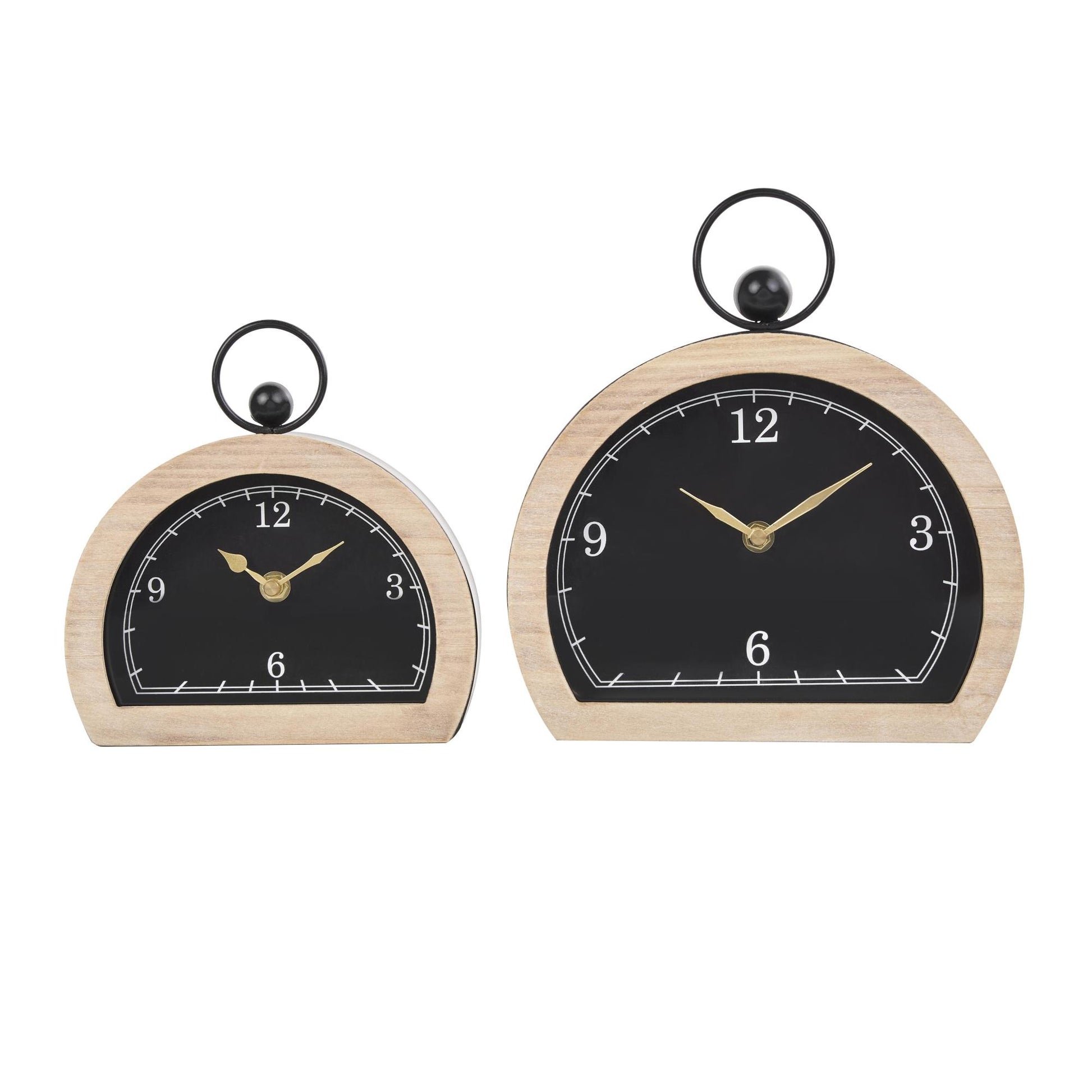 Set of 2 Wooden Semicircle Decorative Clock with Brown Wooden Frame and Ring Handle