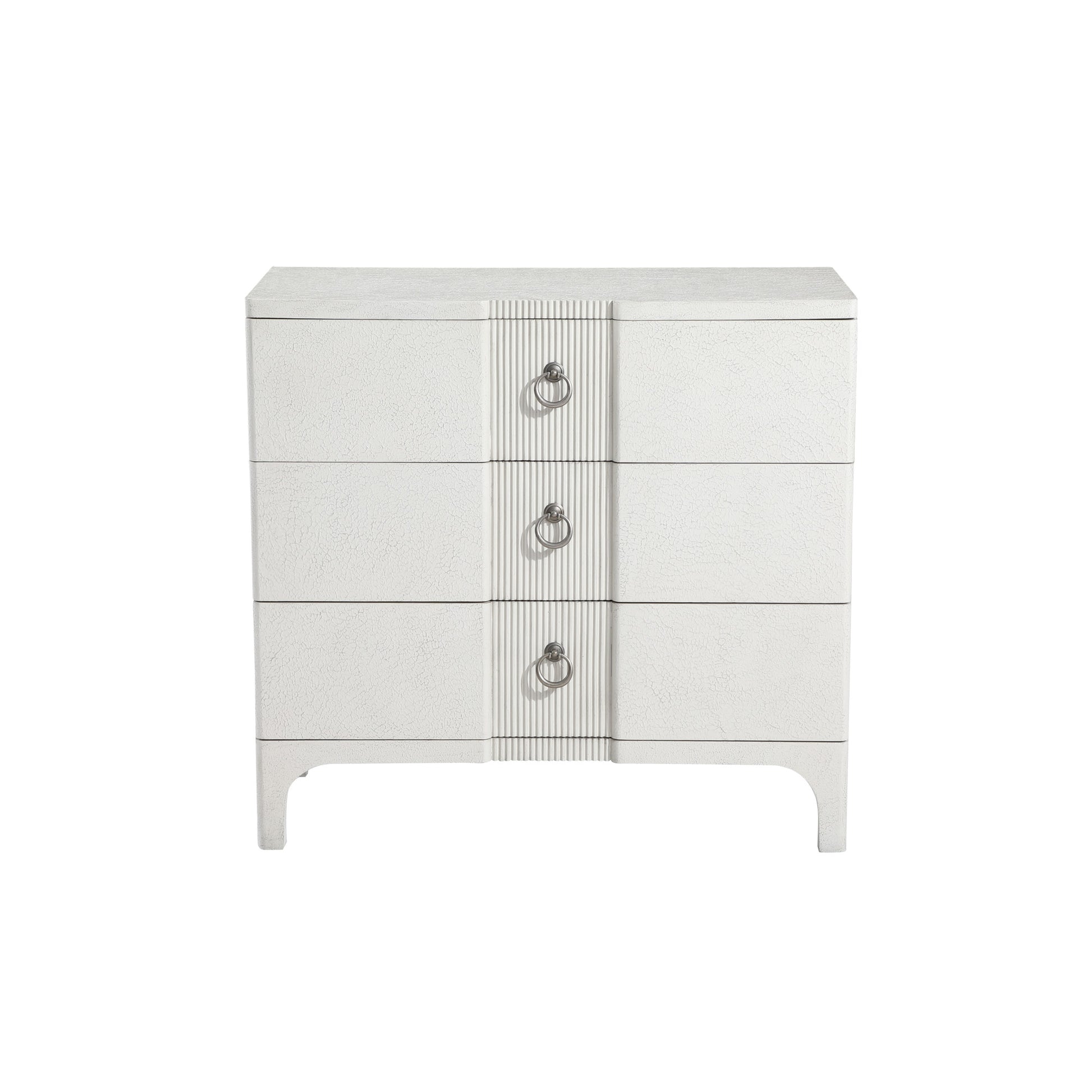 White Wooden Textured 3 Drawer Room Chest with Silver Ring Handles and Ribbed Front