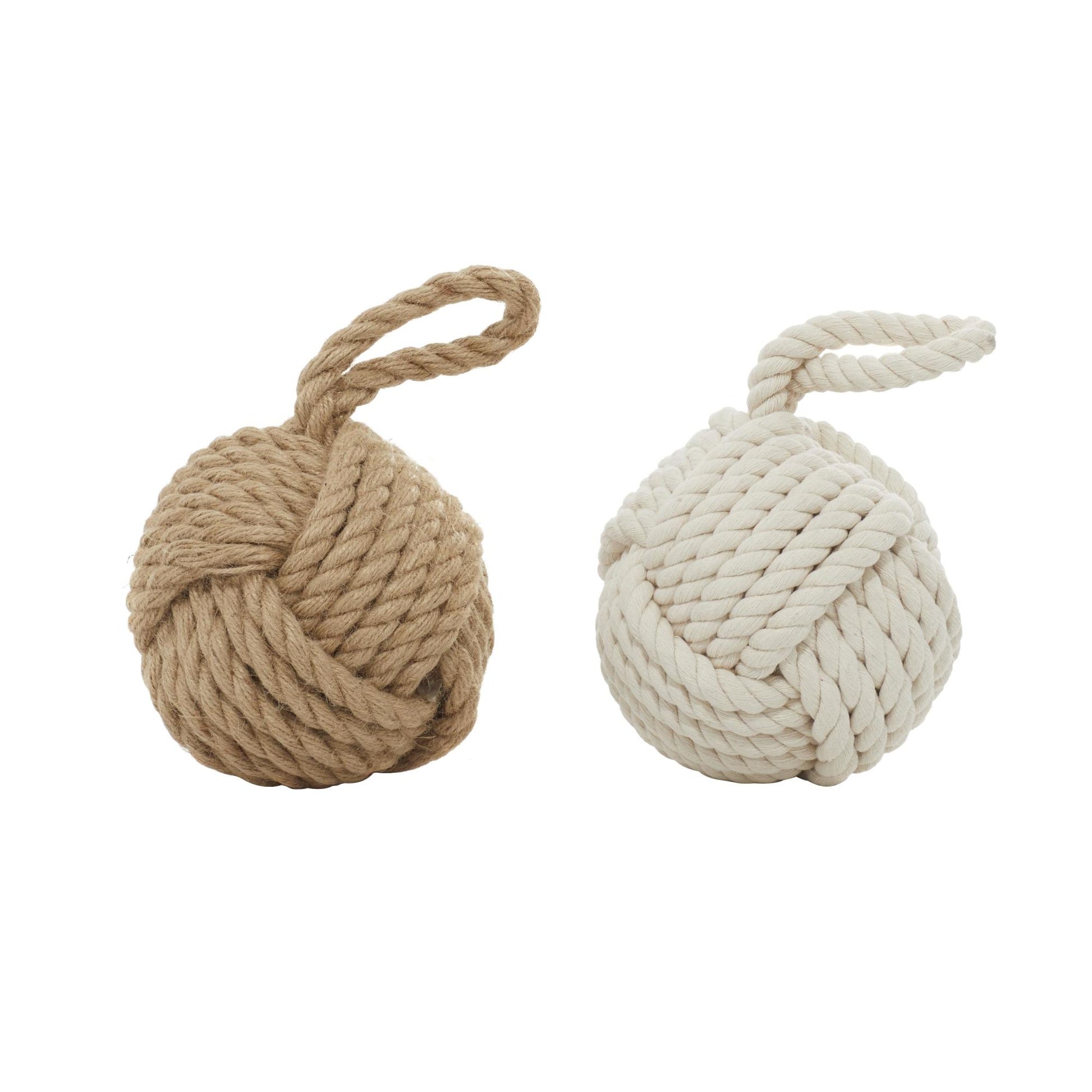 Set of 2 Knot Brown Jute Rope Cream Woven Decorative Sculpture with Hanging Loop
