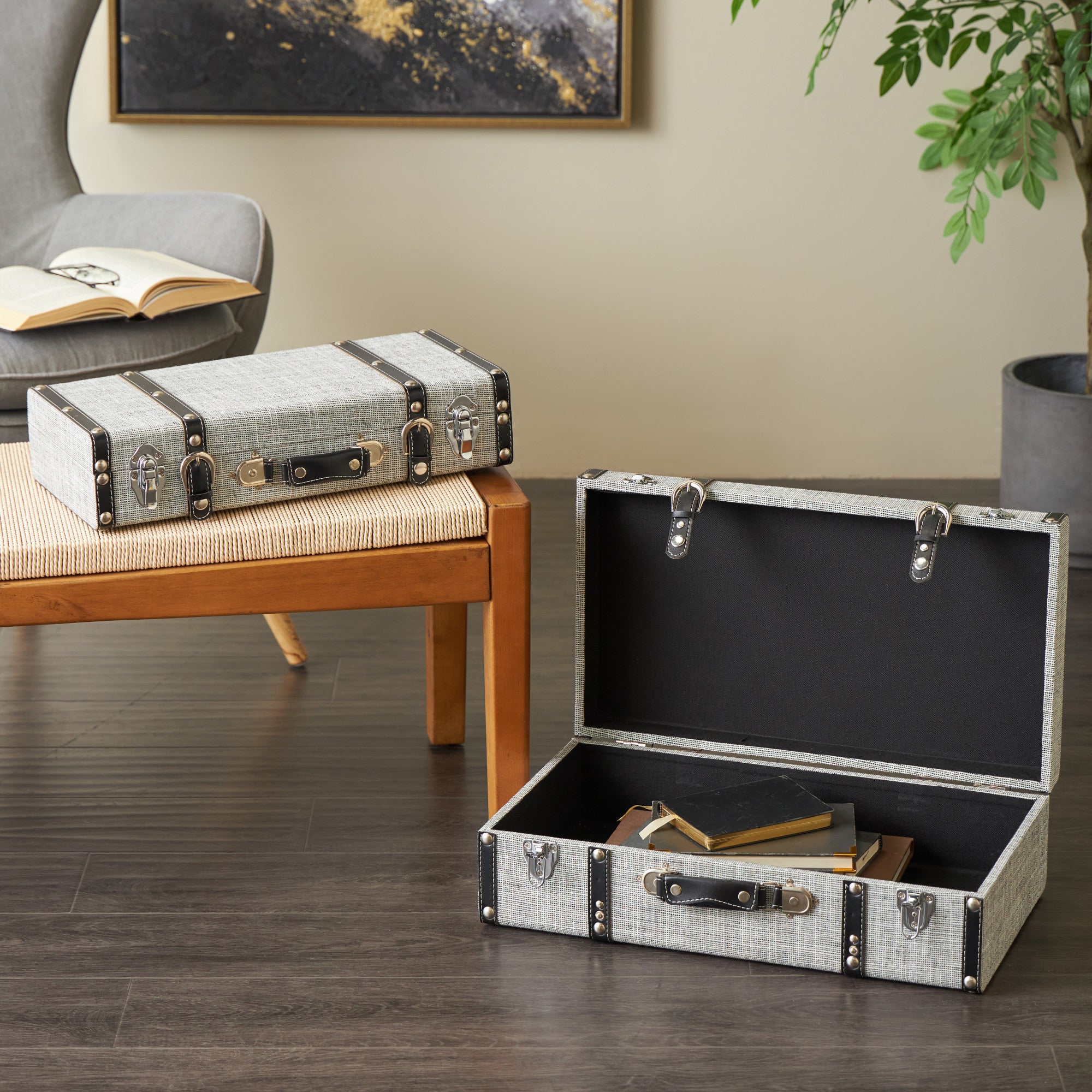Set of 2 Gray Fabric Woven Storage Decorative Trunk with Silver Latches and Buckles