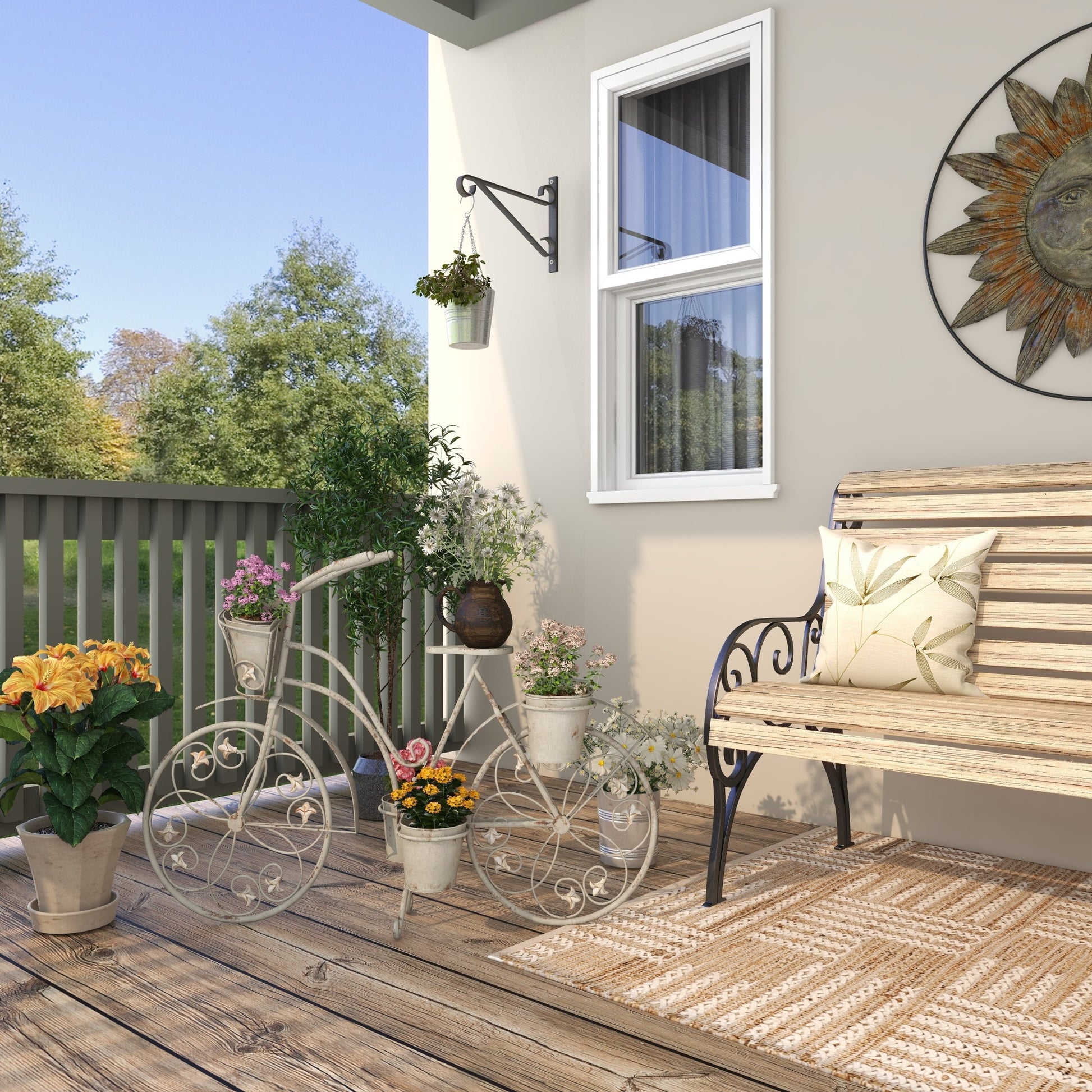 Bike Gray Metal Distressed Scroll 3 Tier Indoor Outdoor Plantstand with Fleur De Lis Wheels