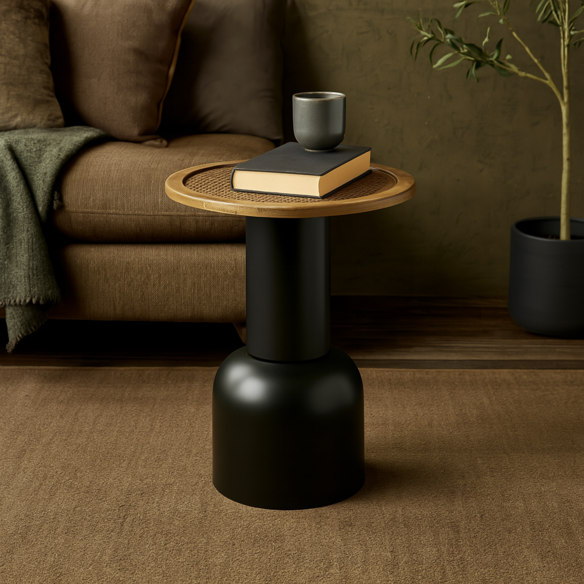 Black Metal Handmade Pedestal Side End Accent Table with Brown Rattan Tabletop