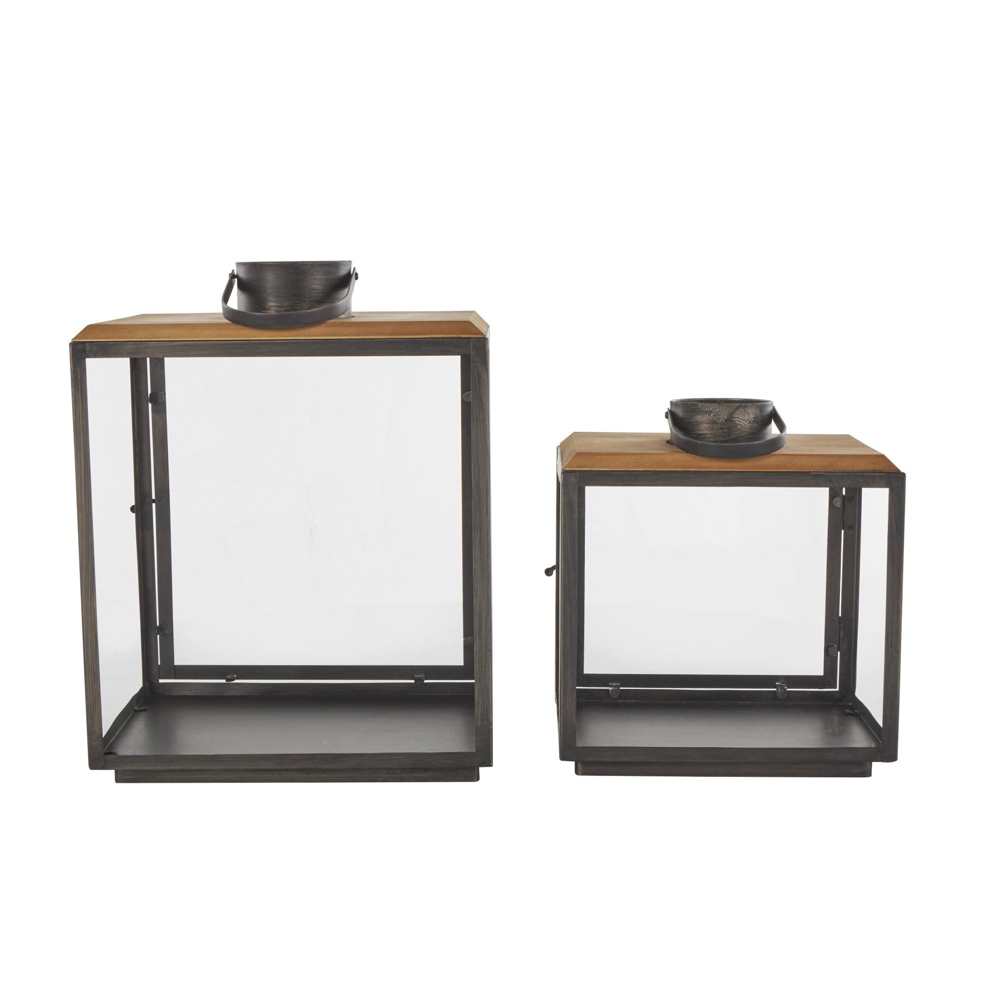 Set of 2 Dark Gray Metal Brushed Rectangular Indoor Outdoor Candle Lantern with Brown Wood Tops