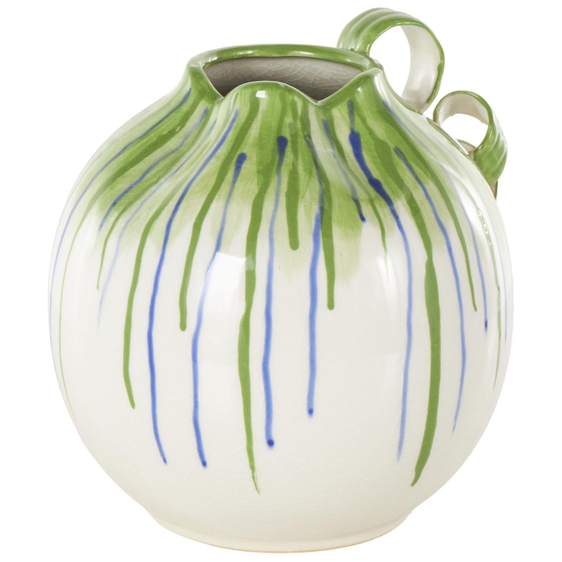 Abstract White Ceramic Decorative Vase with Green and Blue Drip Design and Handles