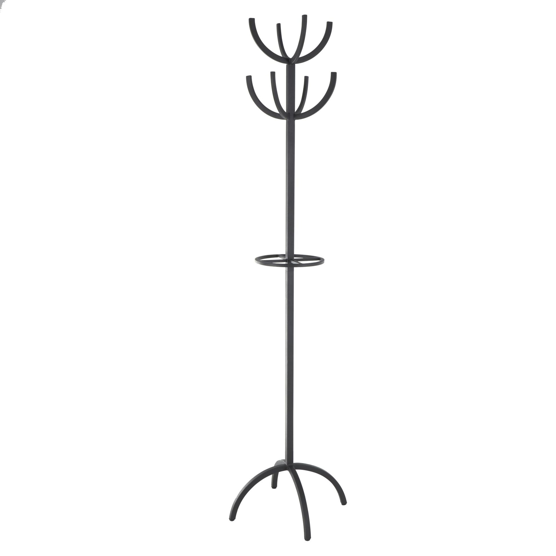 Black Metal 8 Hook Freestanding Coat Rack with Ached Legs and Circular Center Storage
