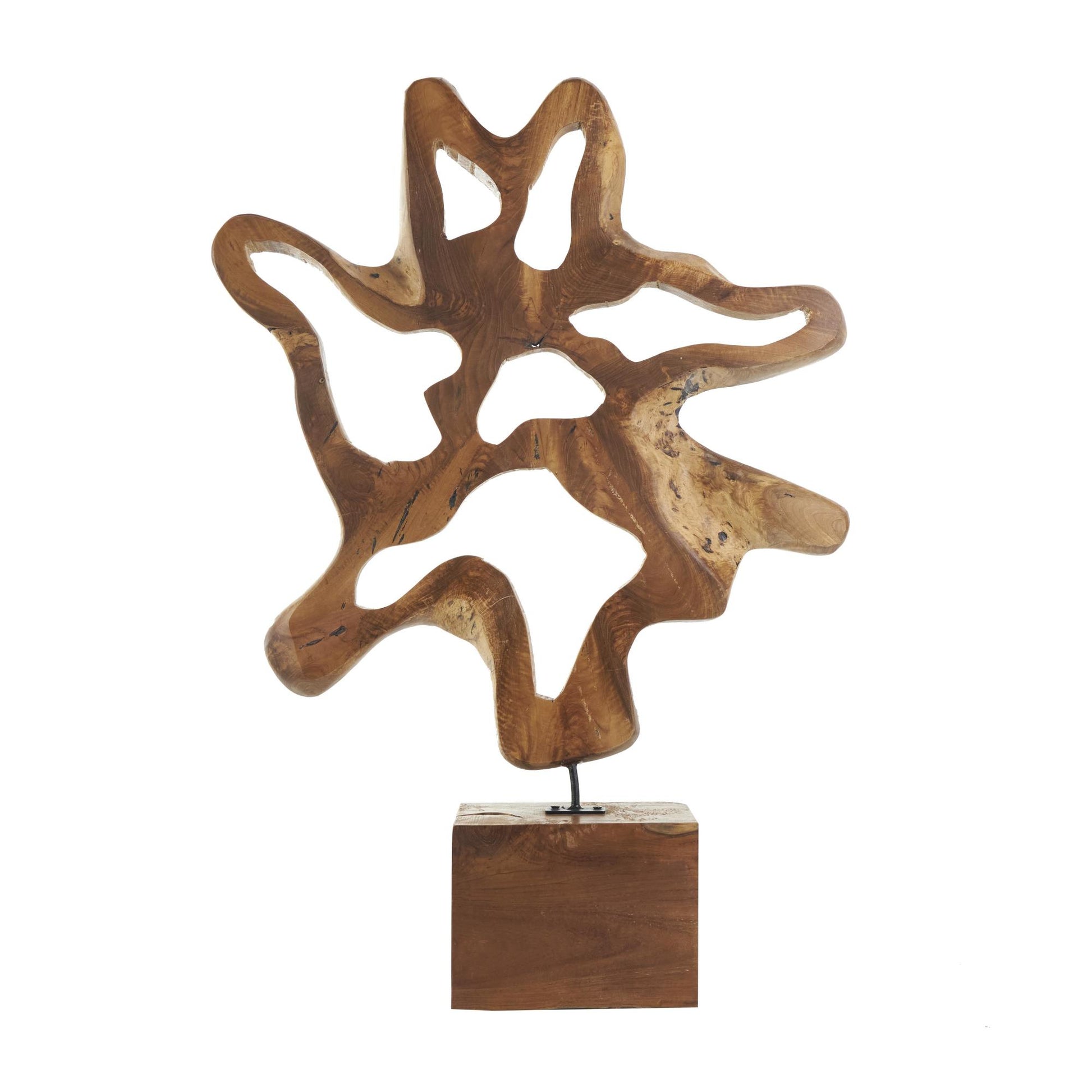 Abstract Brown Teak Wood Cutout Decorative Sculpture with Block Base