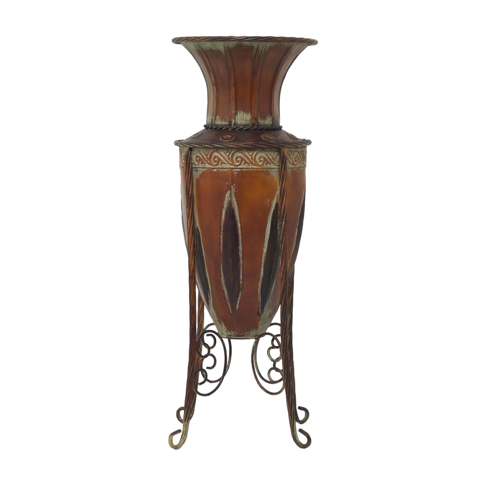 Scroll Brown Metal Tall Decorative Vase with Attached Metal Stand and Intricate Design