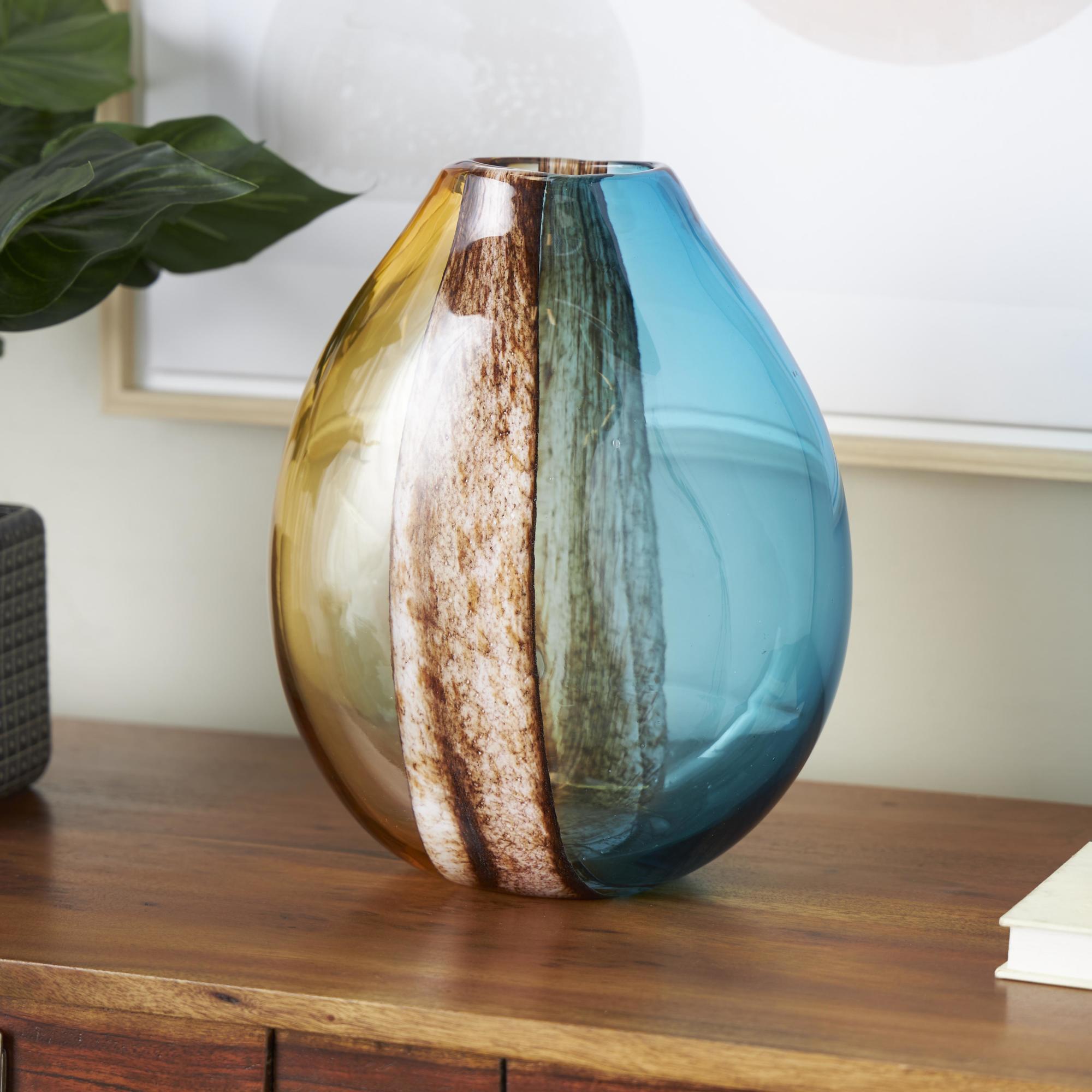 Multi Colored Glass Rounded Ombre Decorative Vase with Brown Textured Stripe Details
